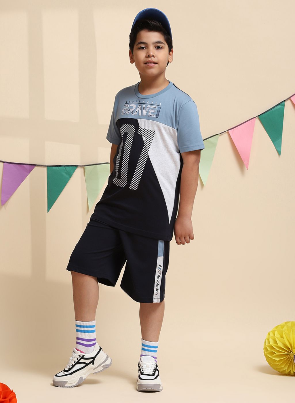 Boys Blue Printed Bermuda Set