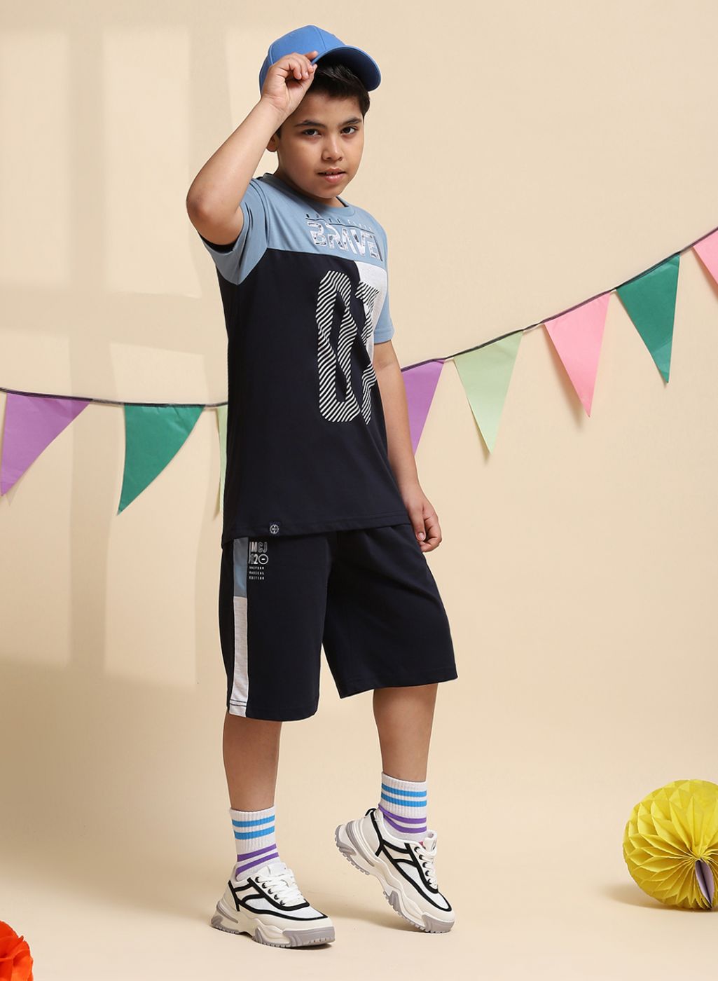 Boys Blue Printed Bermuda Set