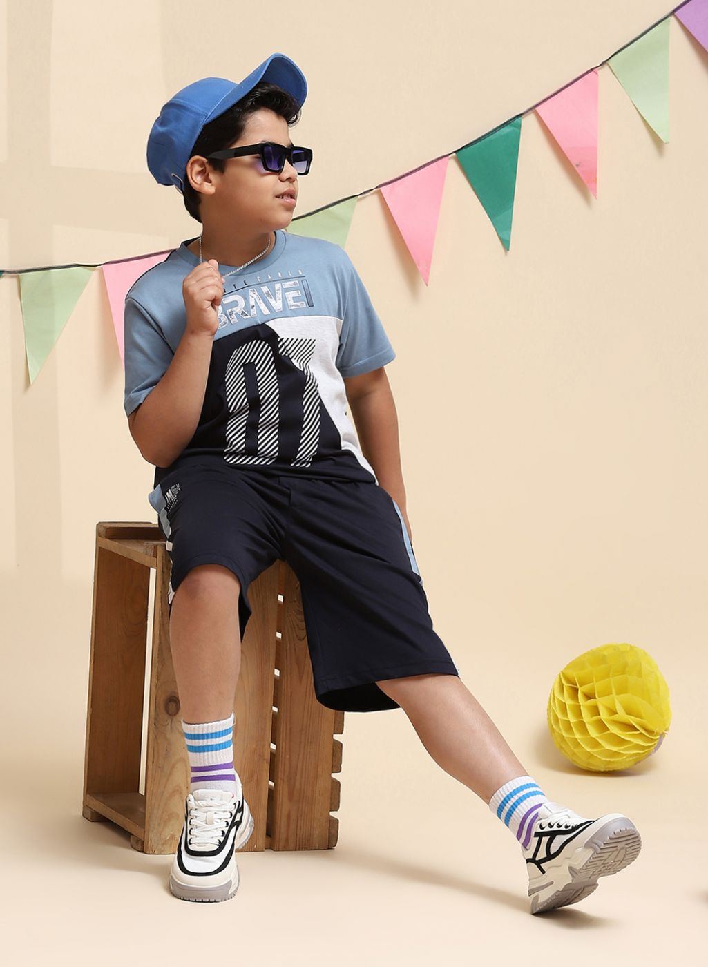 Boys Blue Printed Bermuda Set