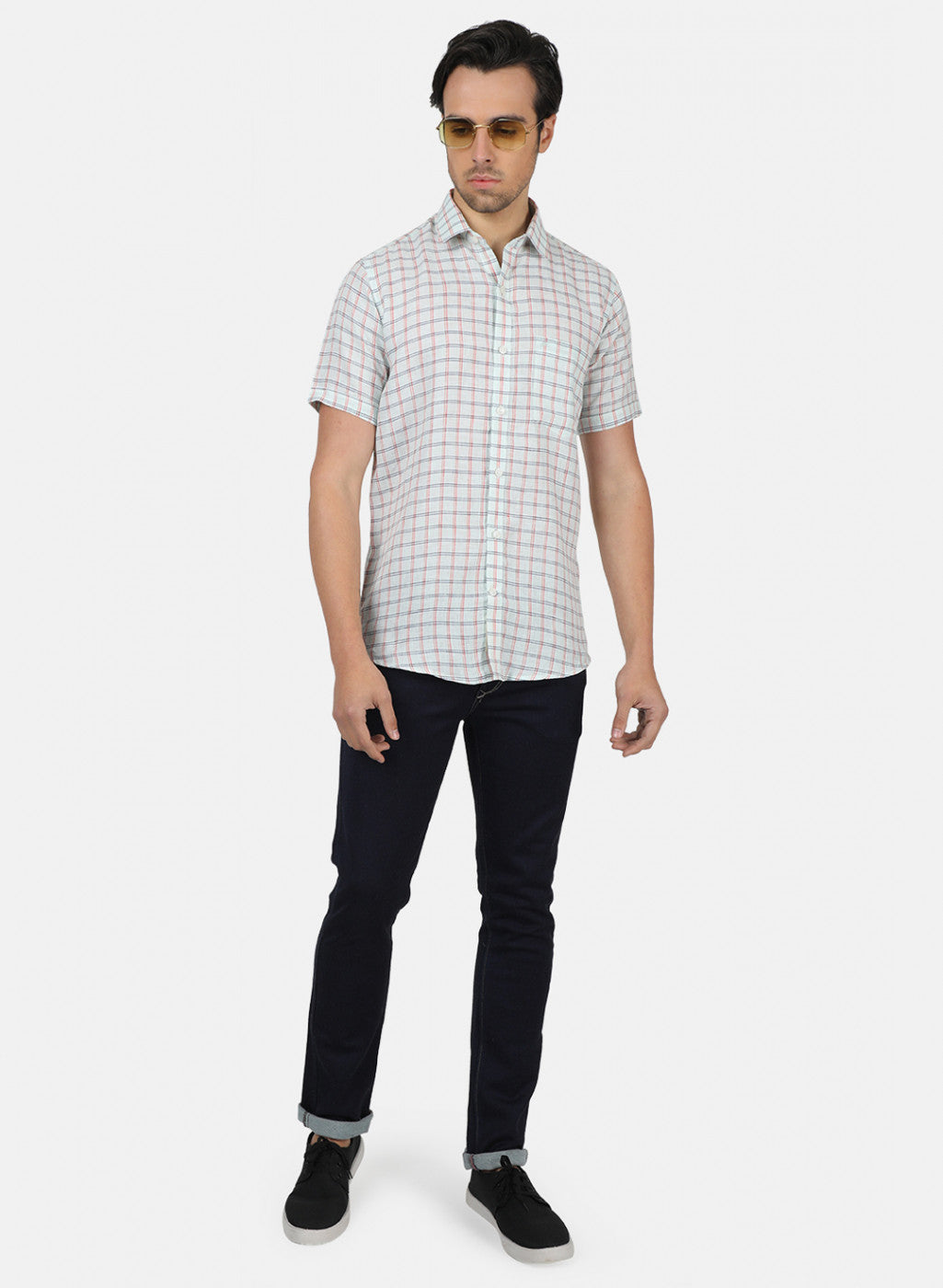 Men Light Green Check Linen Shirt