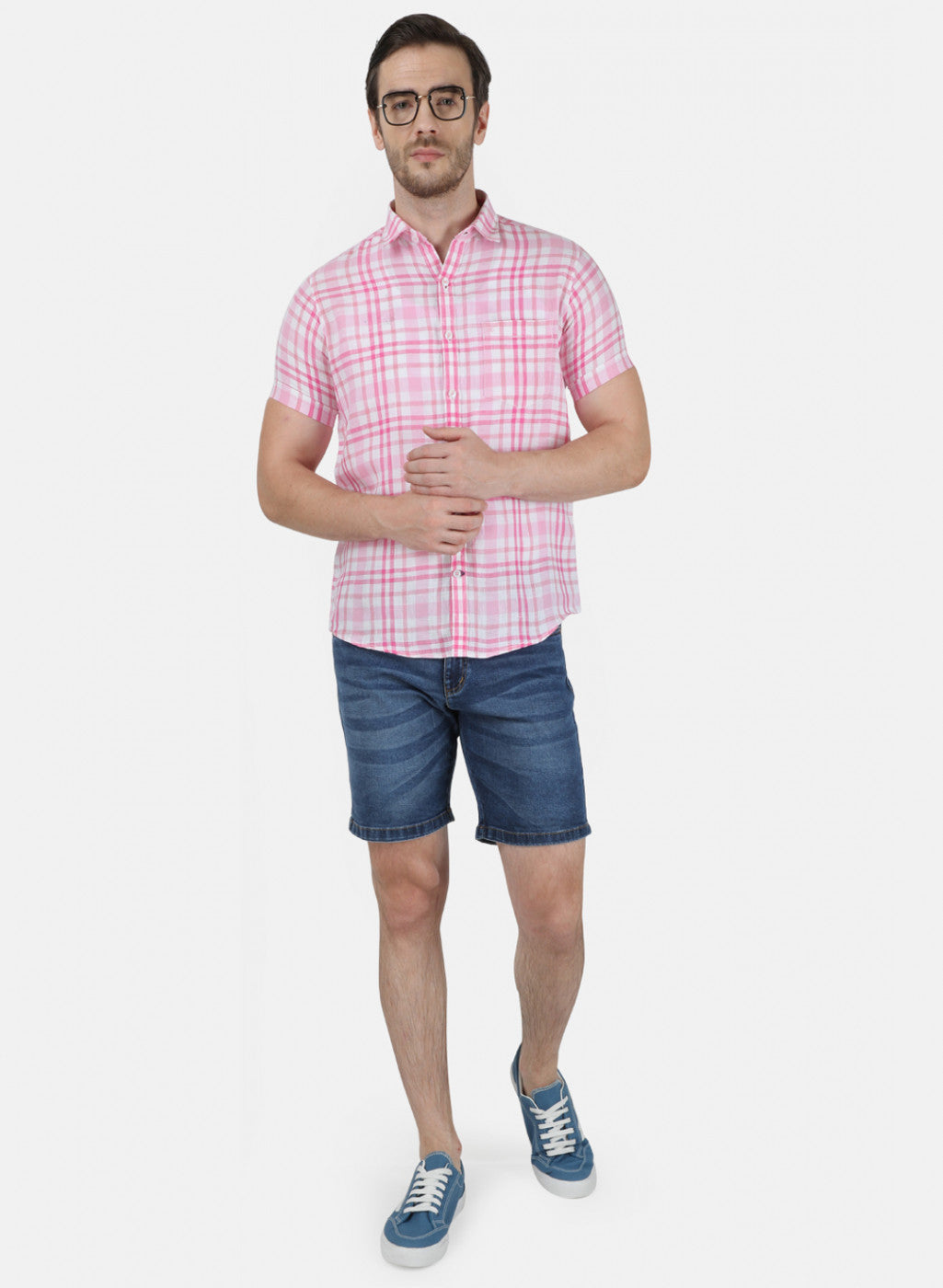 Mens Pink Check Linen Shirt