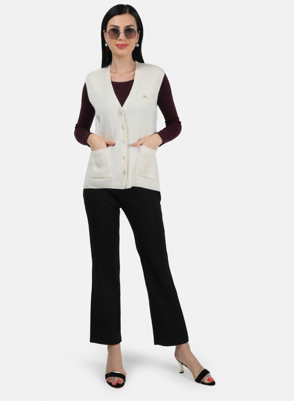 Women Off White Self Design Cardigan