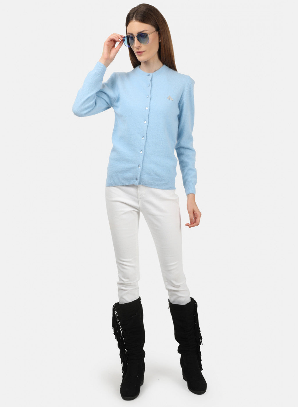 Women Sky Blue Solid Cardigan