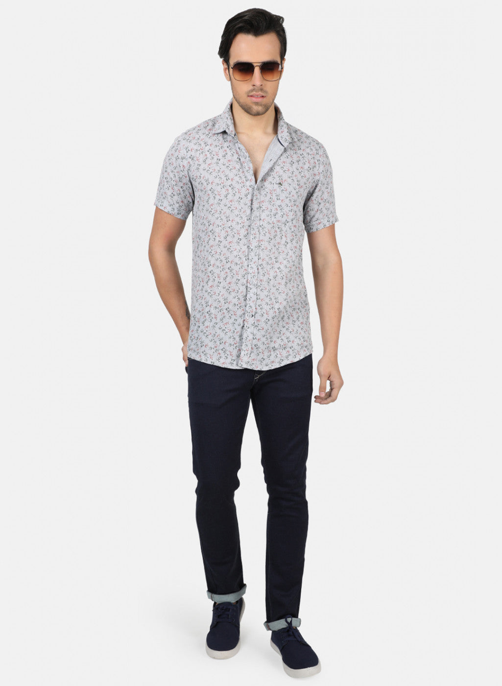 Men Grey Printed Linen Shirt