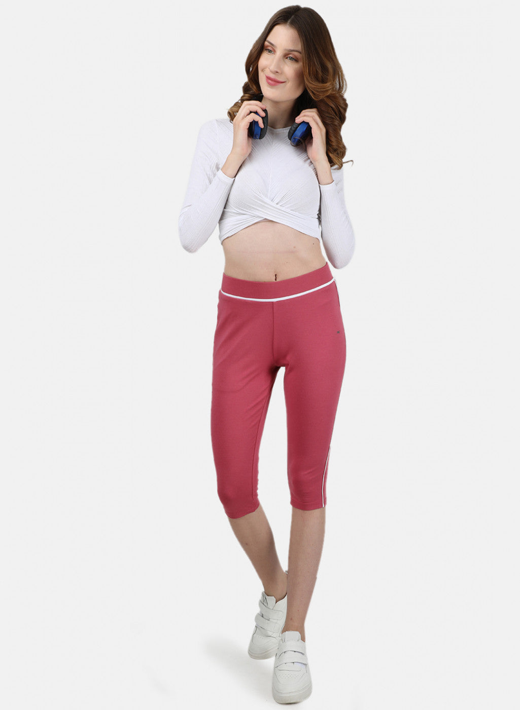 Womens Dark Pink & White Plain Capri