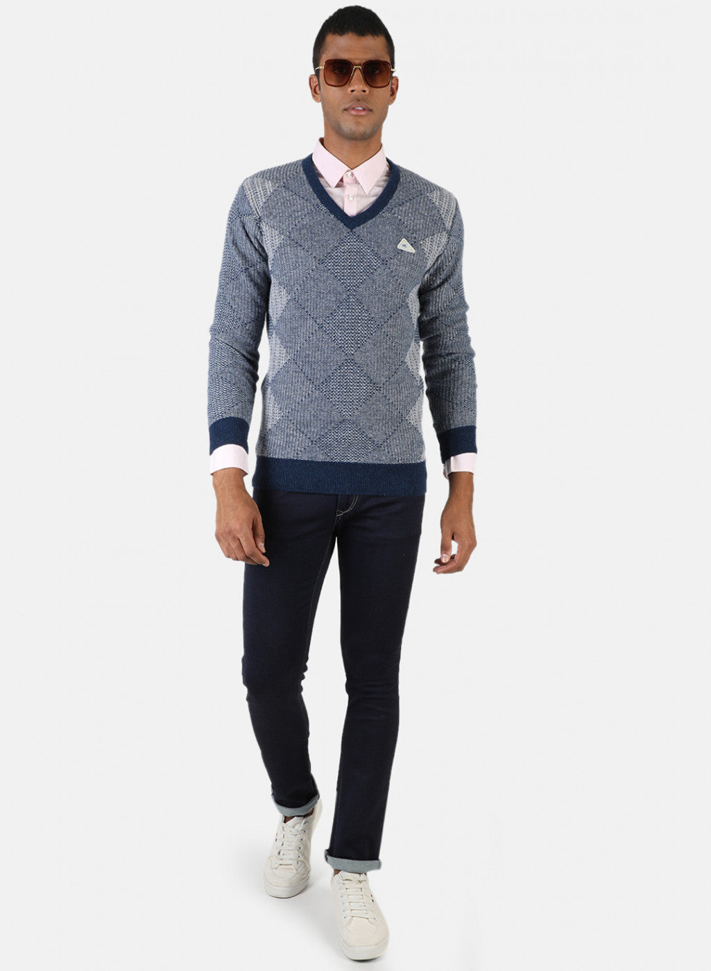 Men Blue & Grey Solid Pullover