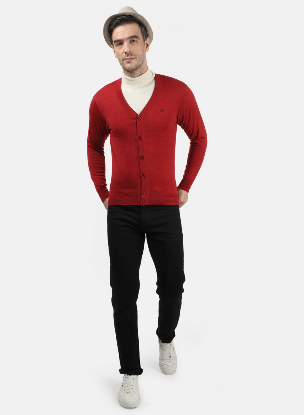 Men Red Solid Cardigan