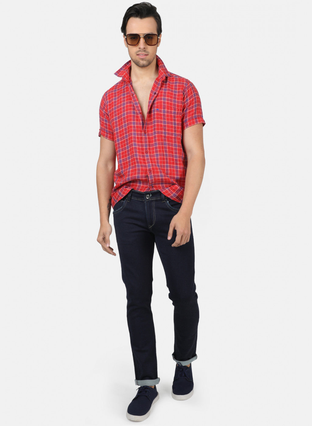 Men Red Check Linen Shirt
