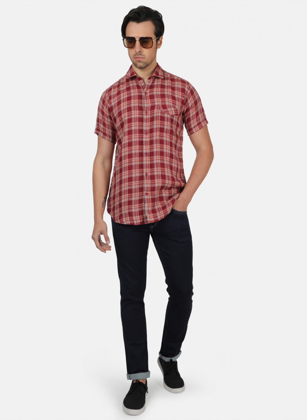 Men Maroon Check Linen Shirt