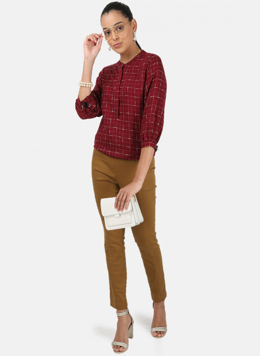 Womens Maroon Check Top