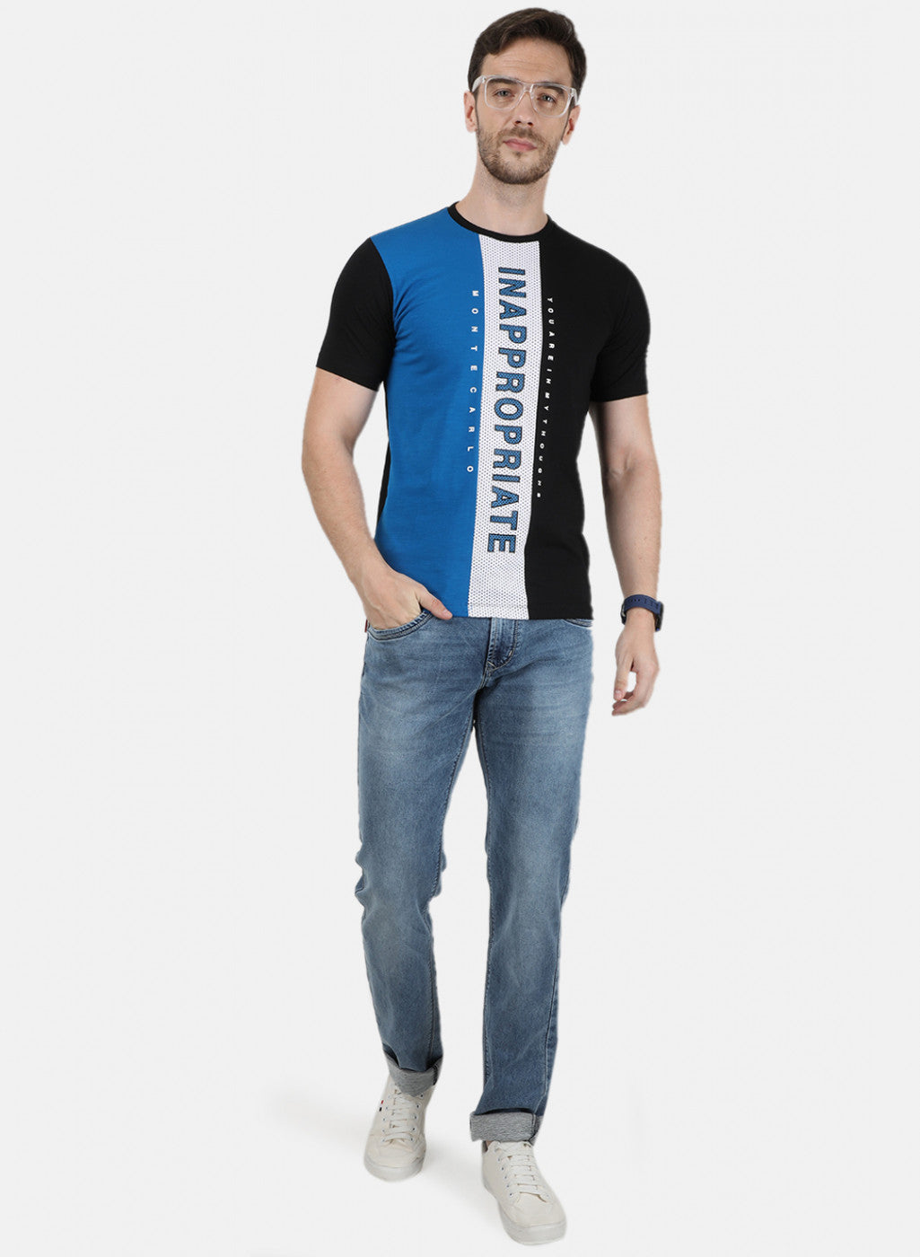 Mens Blue Printed Round Neck T-Shirts