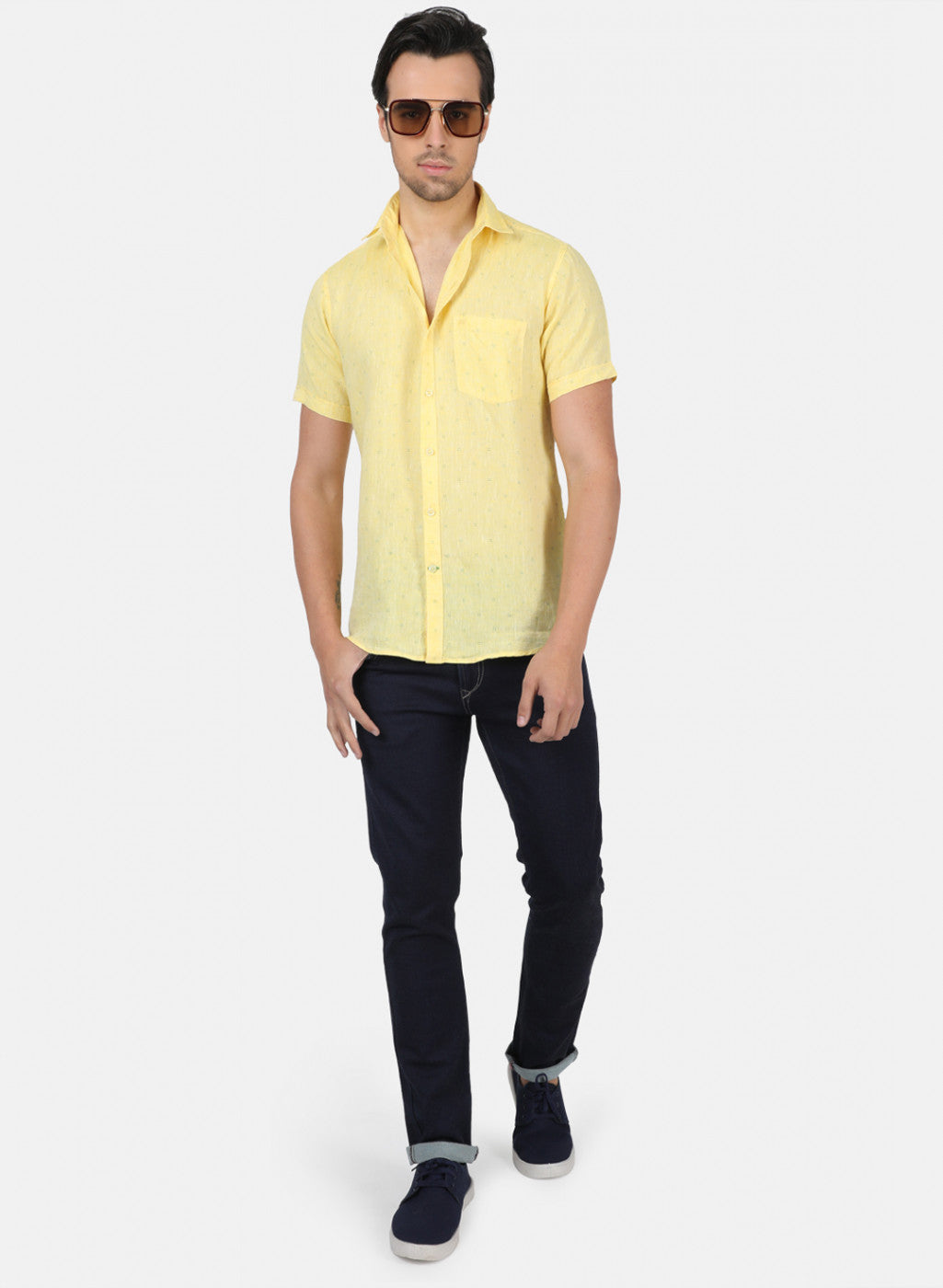 Men Yellow Printed Linen Shirt