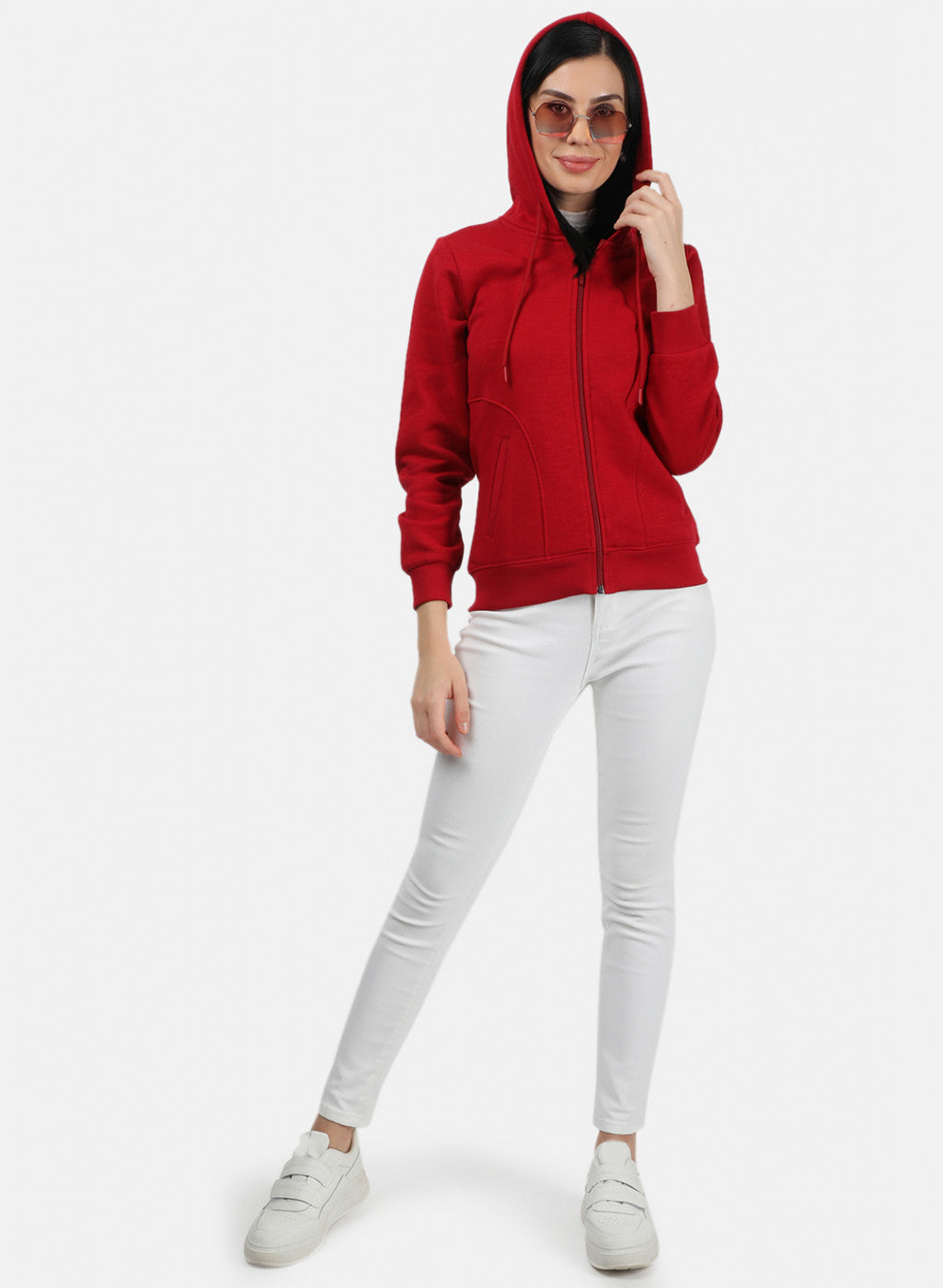 Women Red Plain Sweatshirt