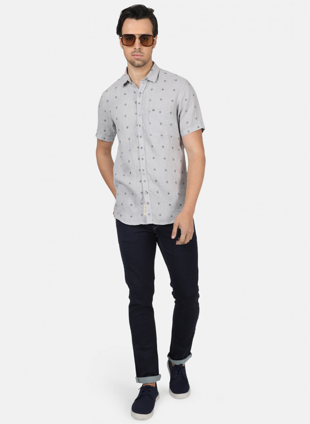 Men Grey Printed Linen Shirt