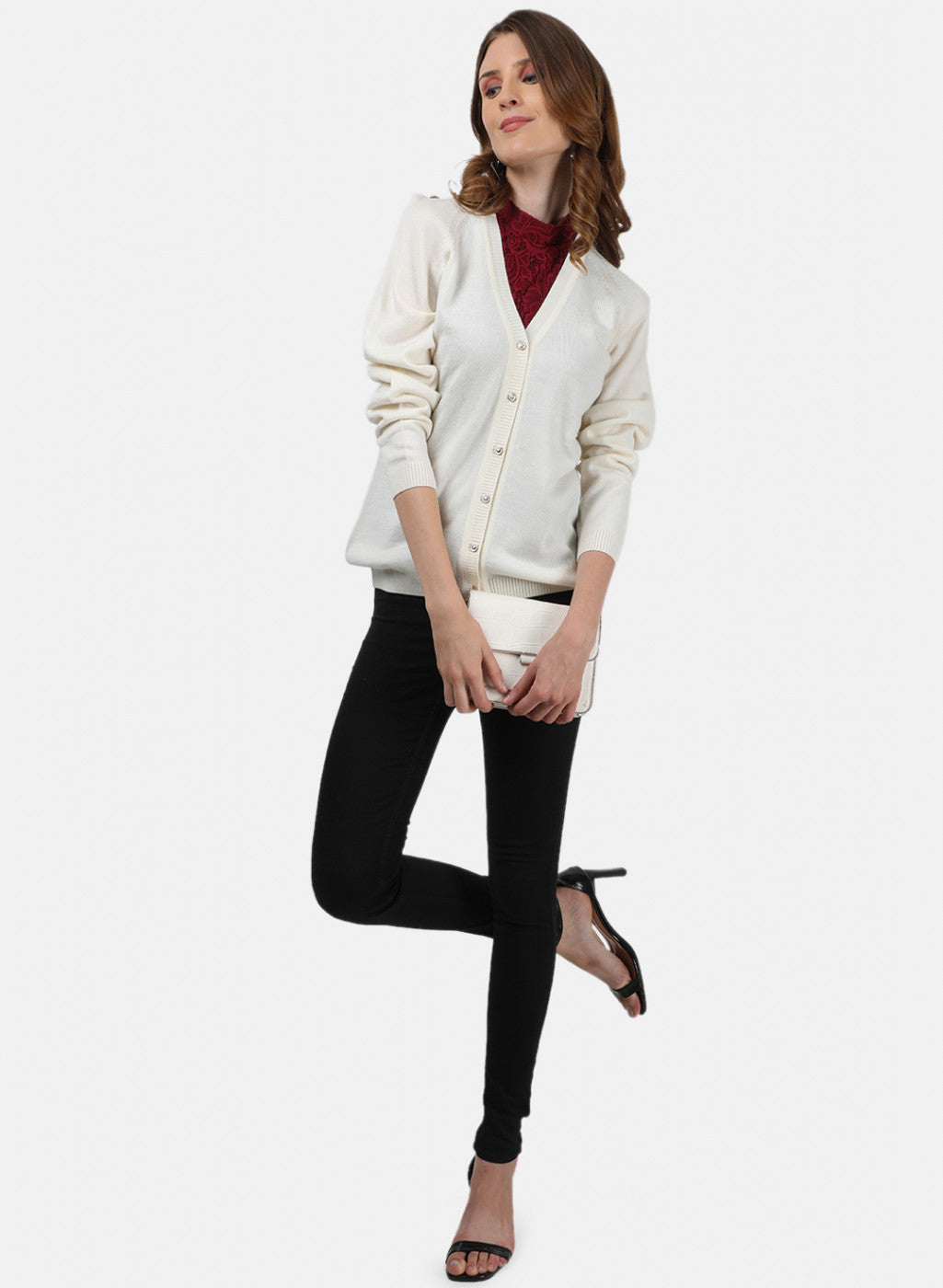 Women Off White Solid Cardigan