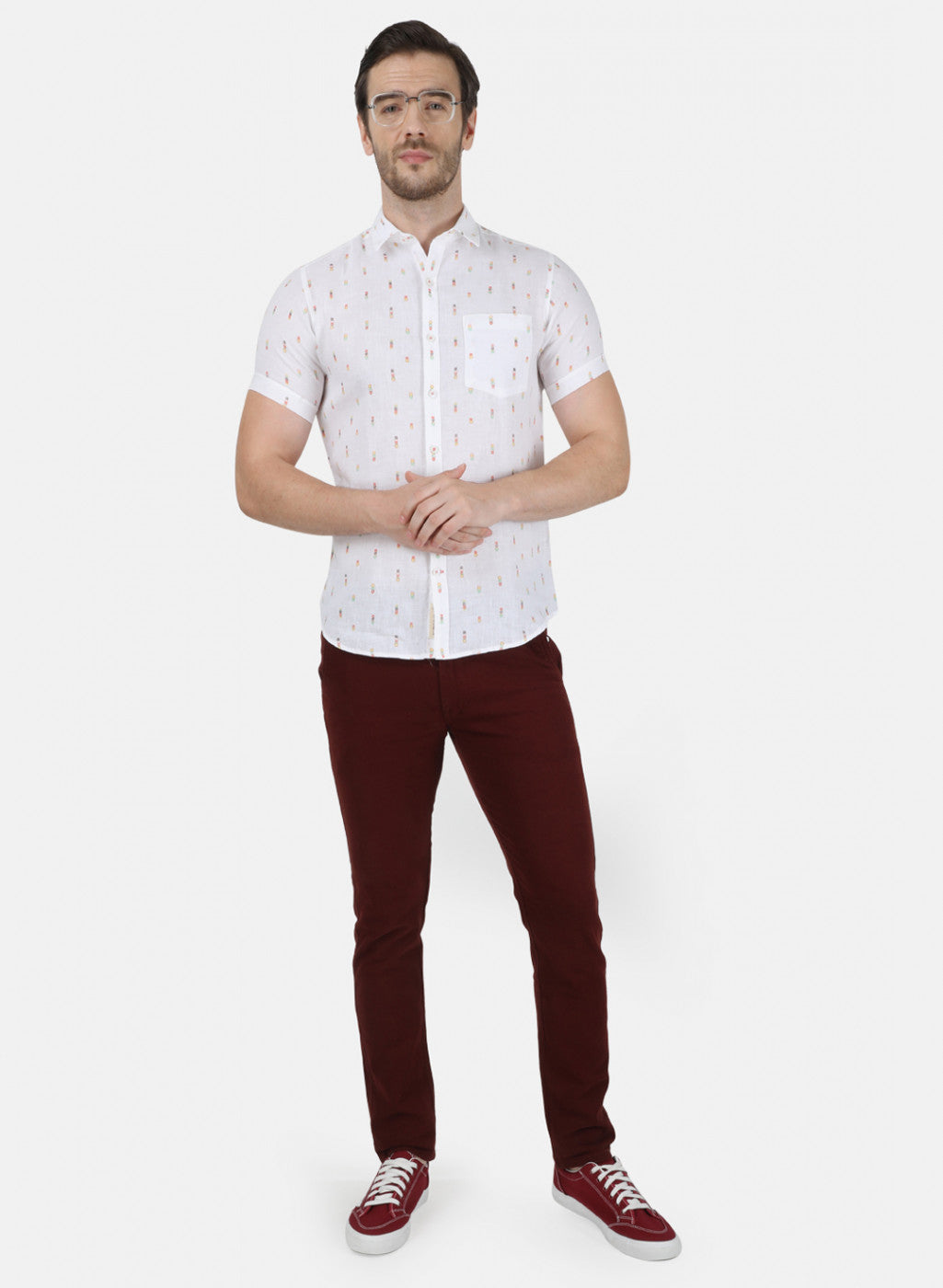 Mens White Printed Linen Shirt