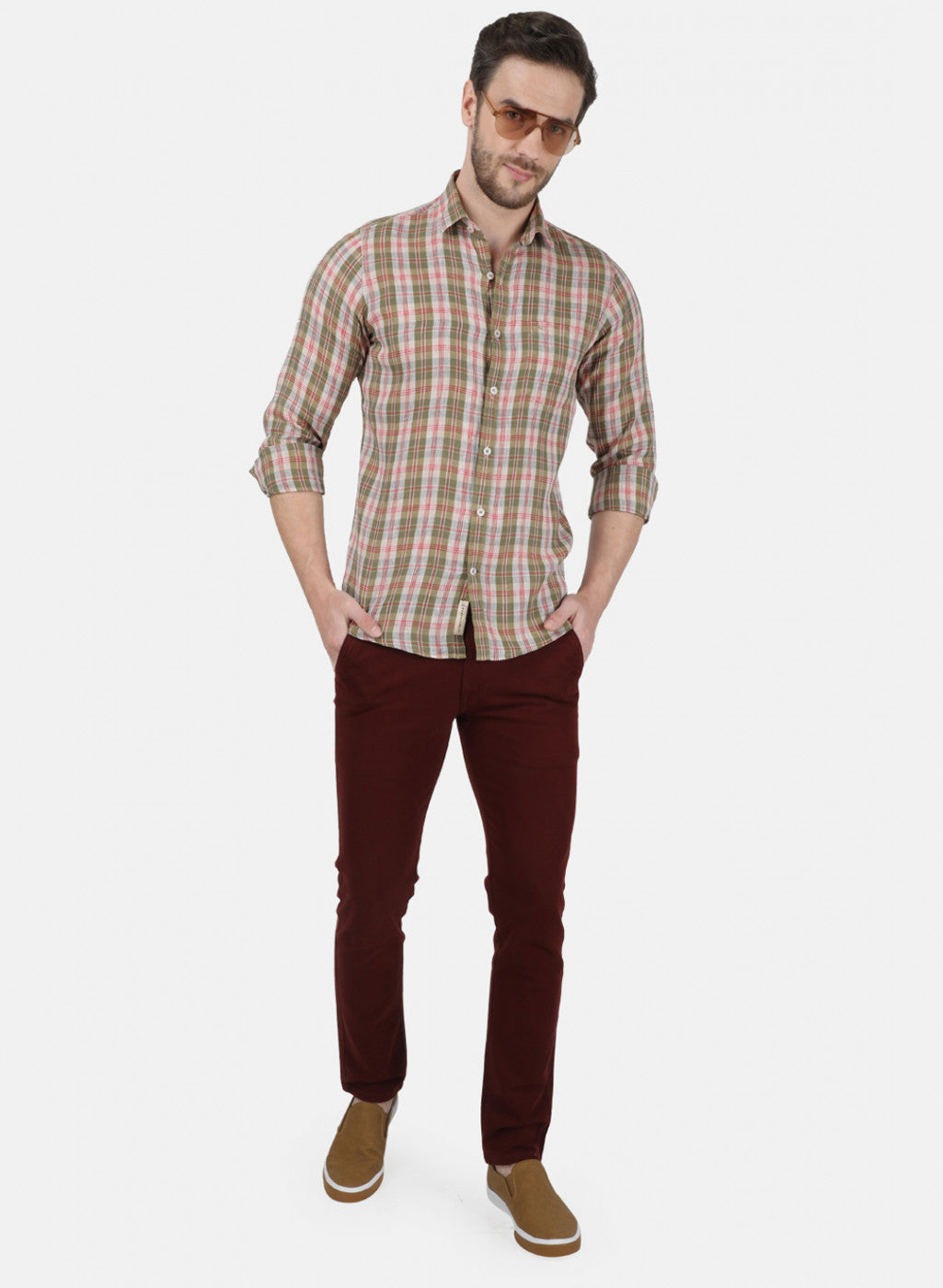 Mens Olive Check Linen Shirt