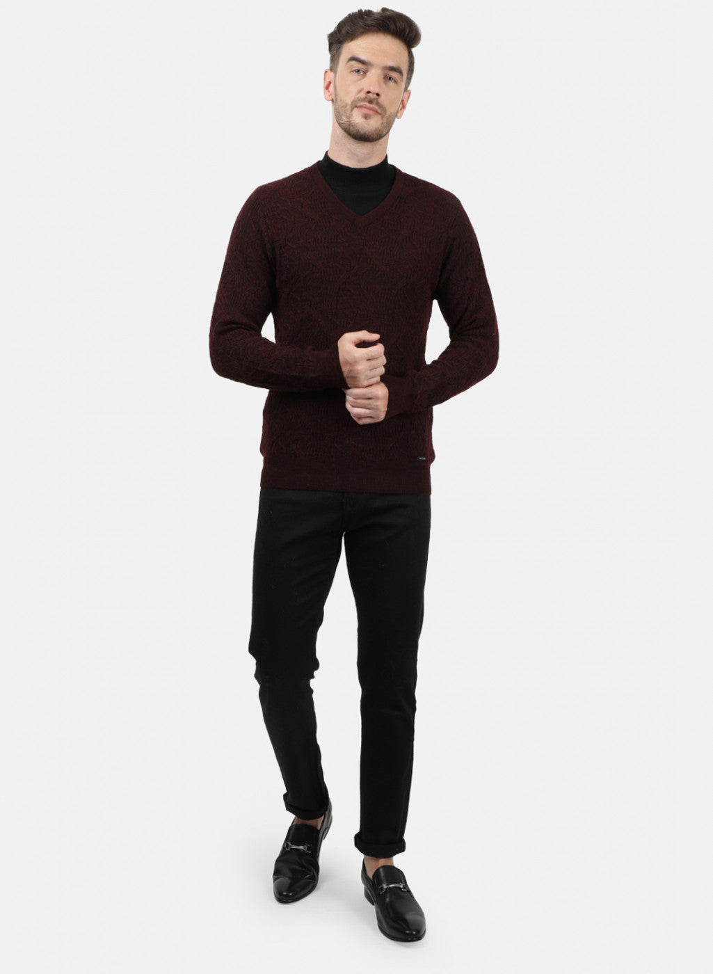 Men Maroon Self Pullover