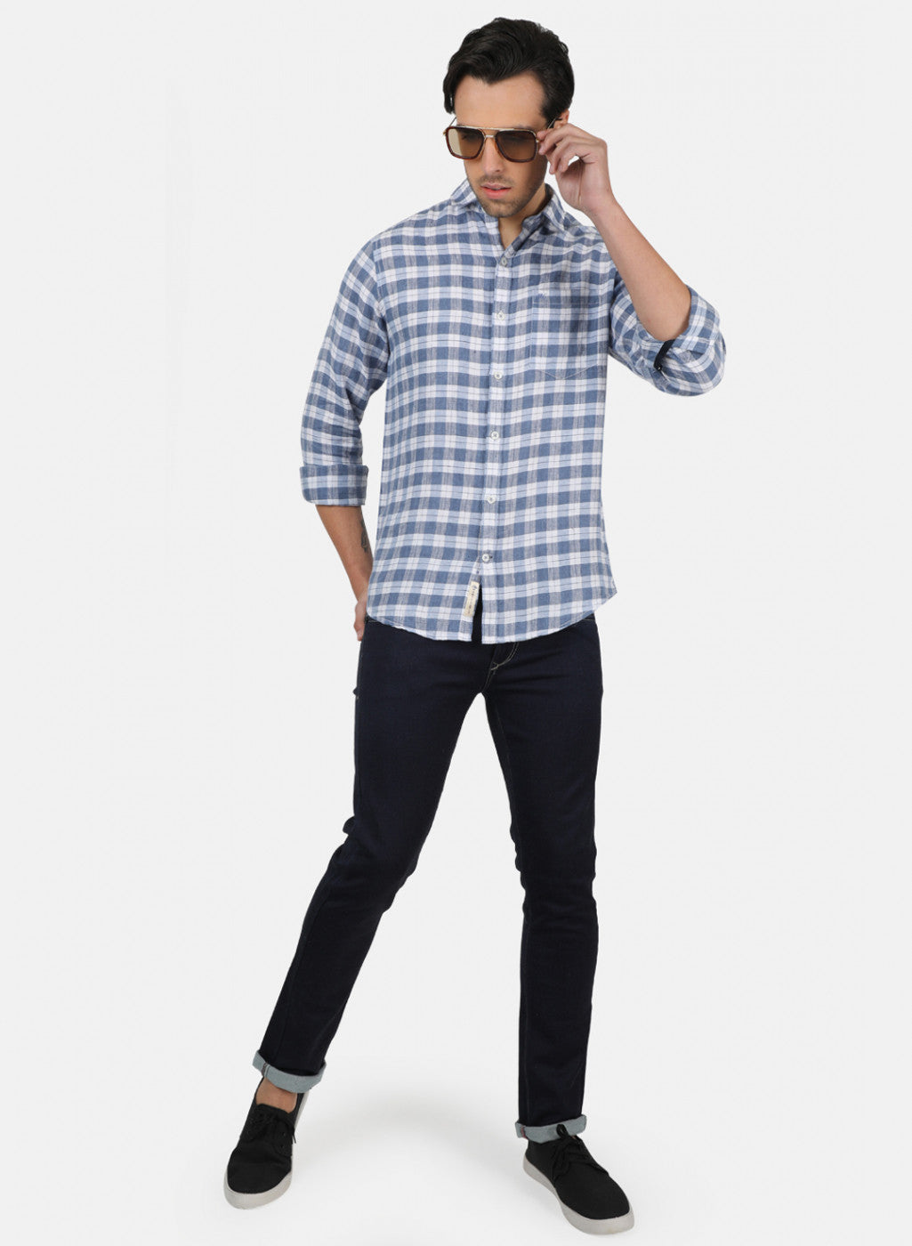 Men Blue Check Linen Shirt