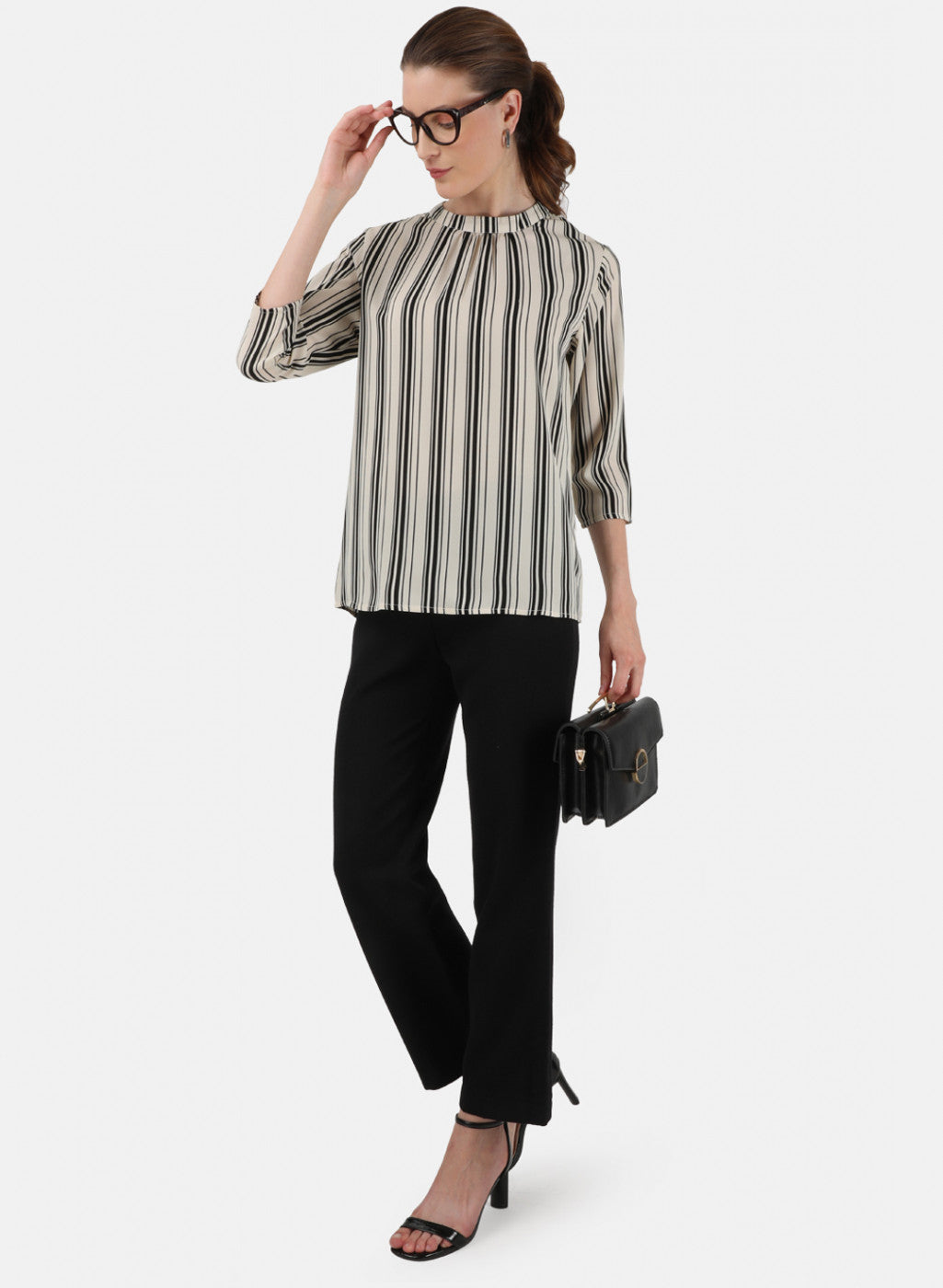 Womens Black & Off White Stripe Top