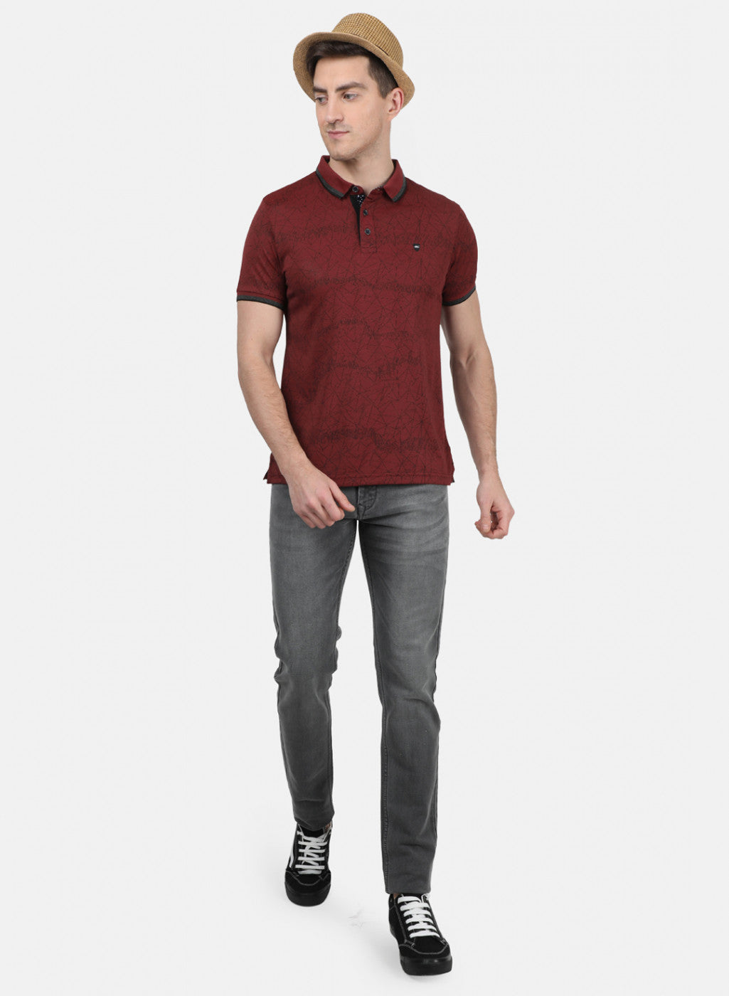 Mens Maroon Self T-Shirt