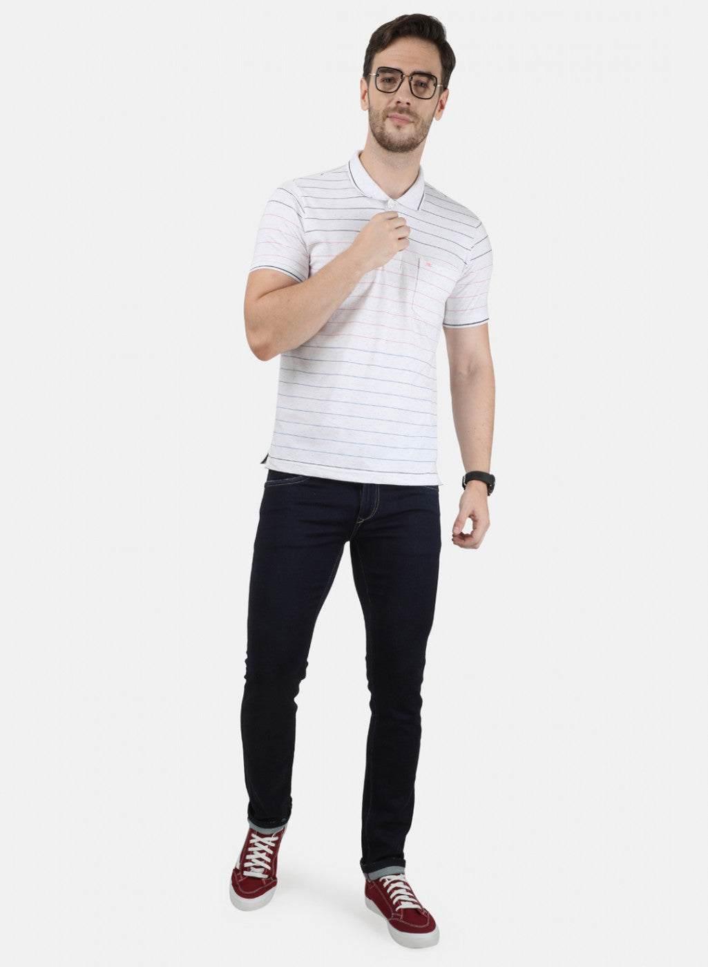 Mens White Stripe Collar T-Shirts
