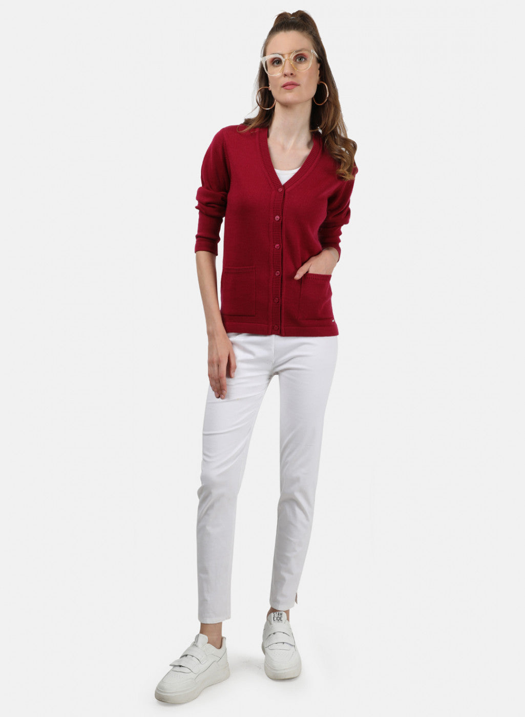 Women Maroon Solid Cardigan
