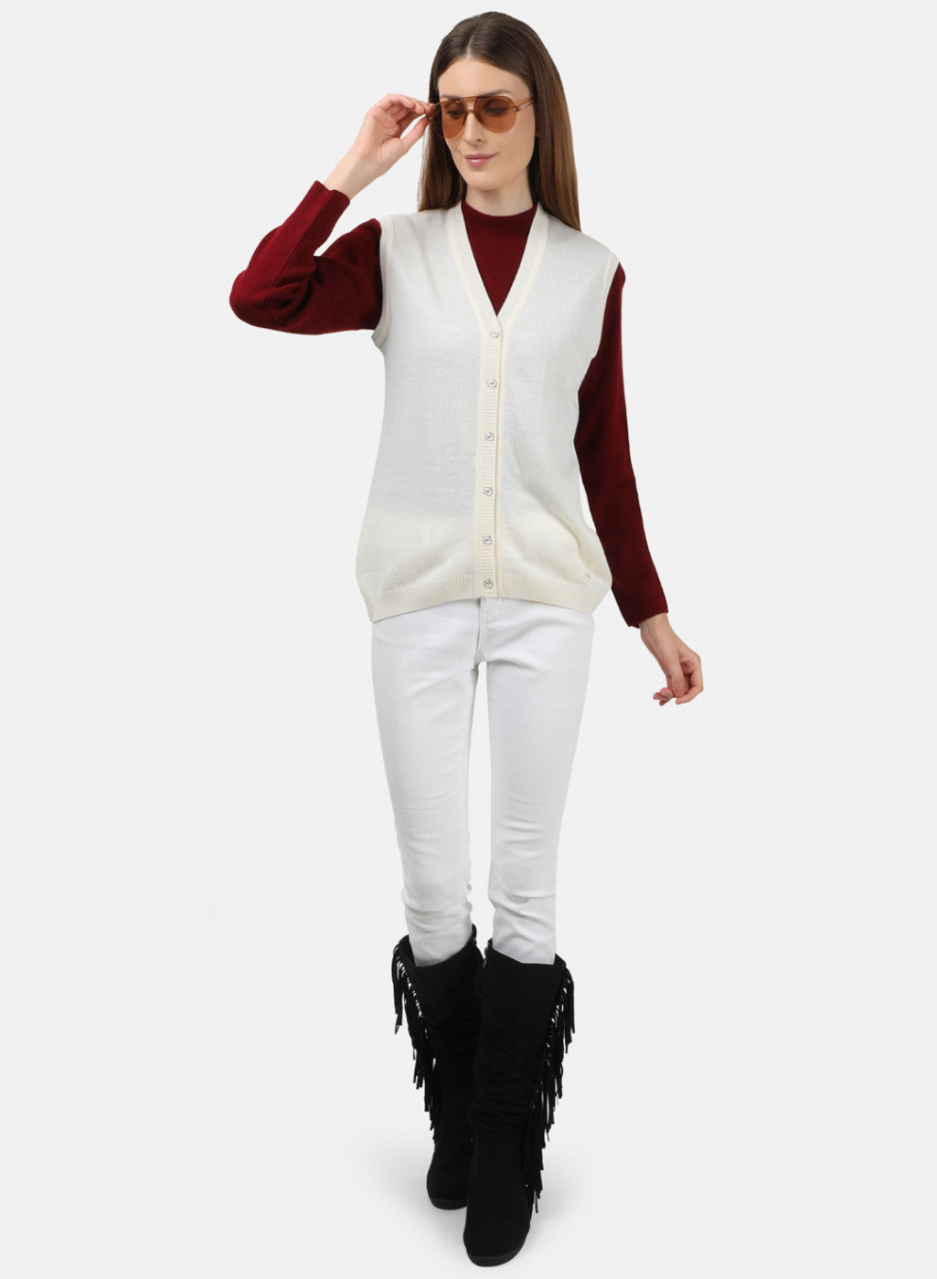 Women Off White Solid Cardigan