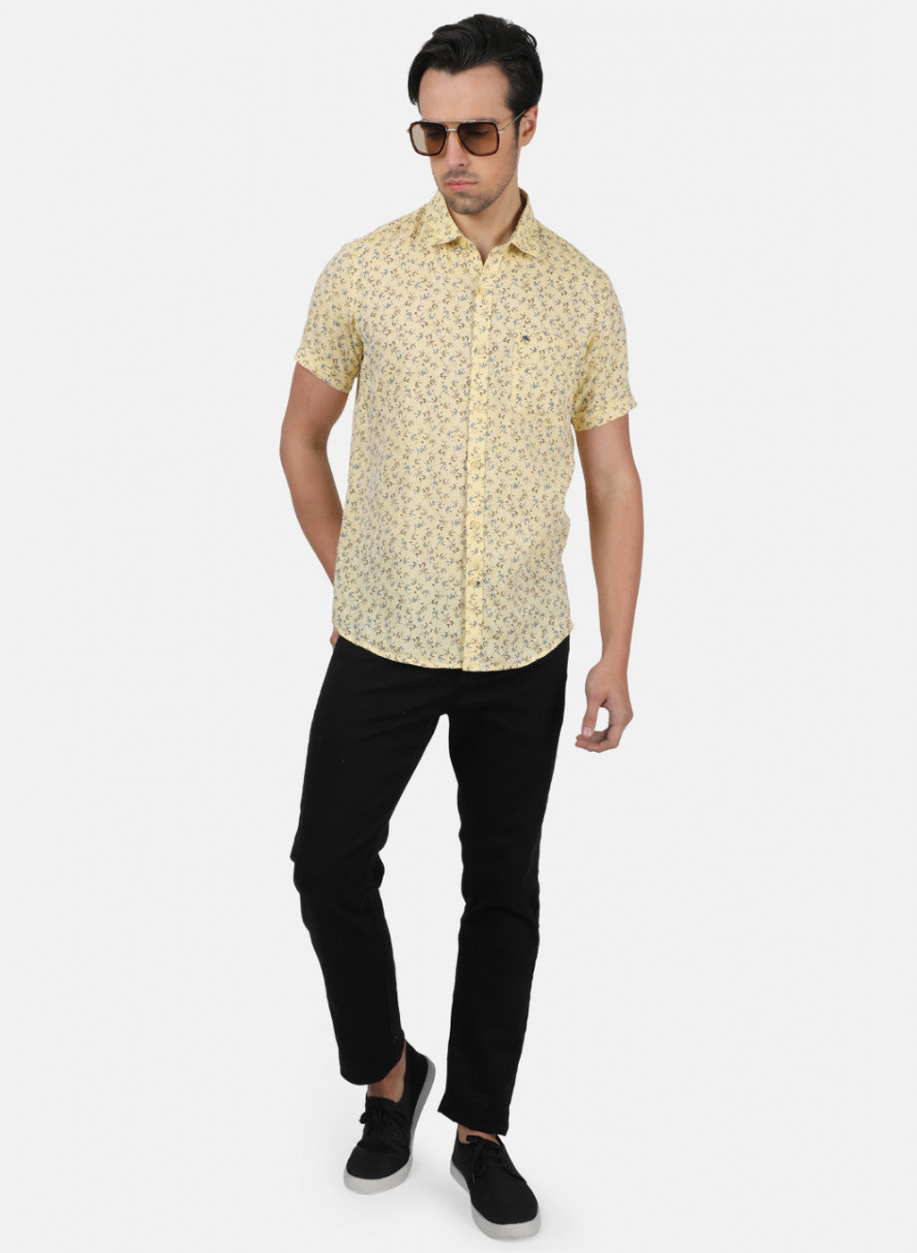 Men Mustard Printed Linen Shirt