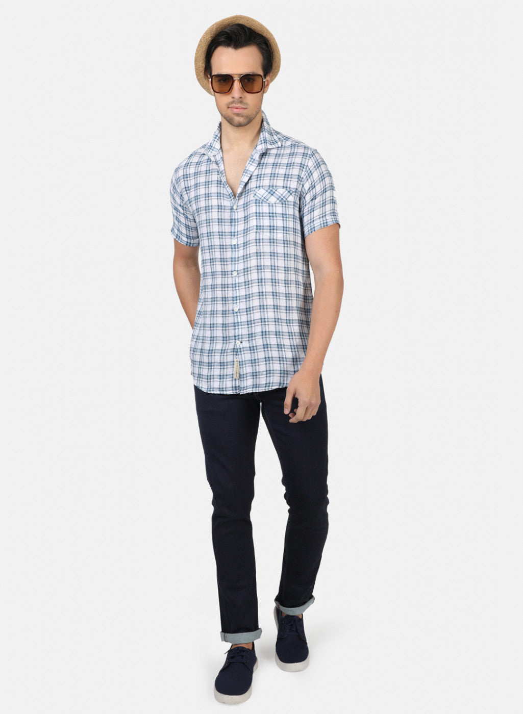Men Blue Check Linen Shirt