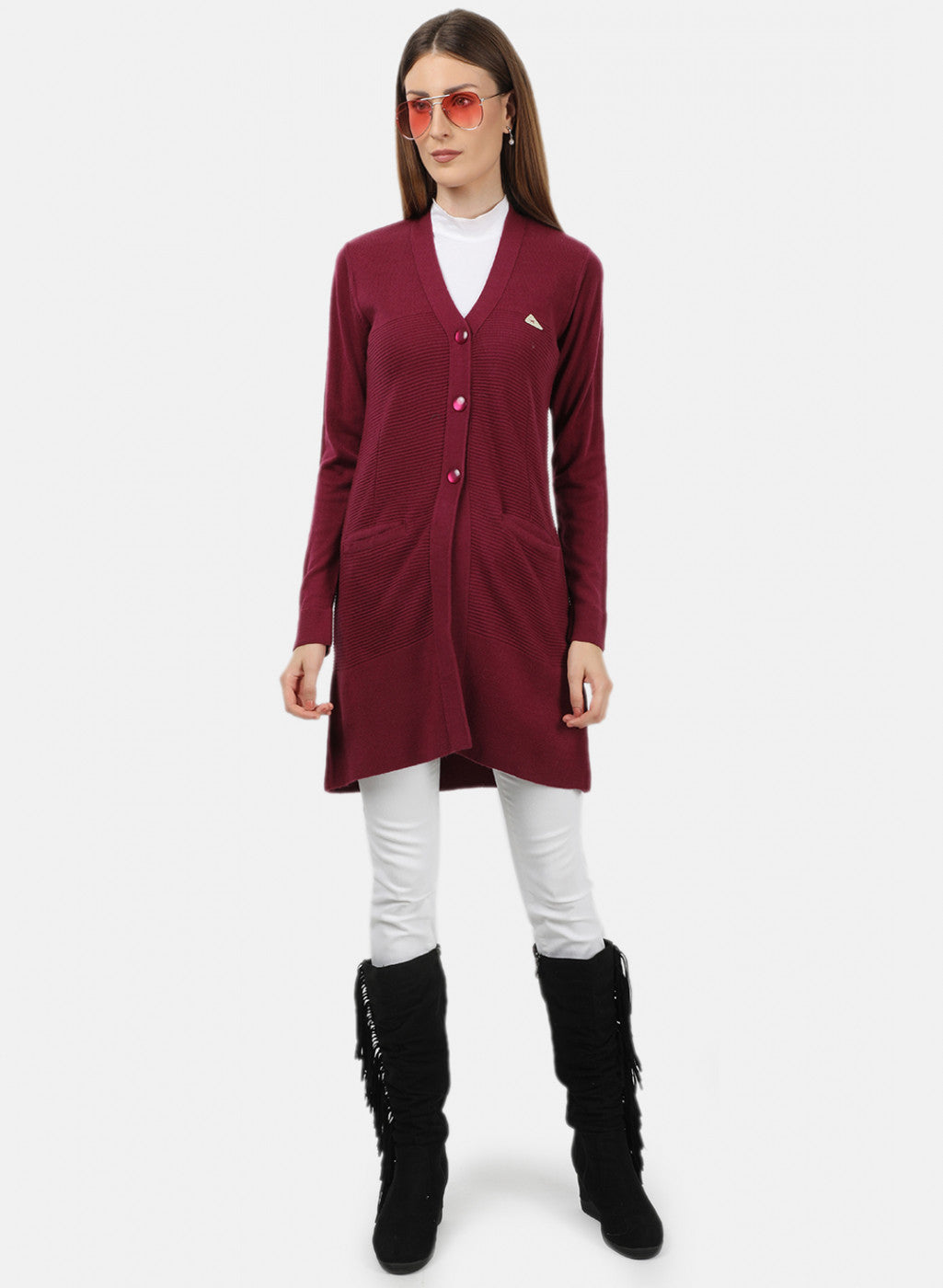 Women Maroon Self Design Cardigan