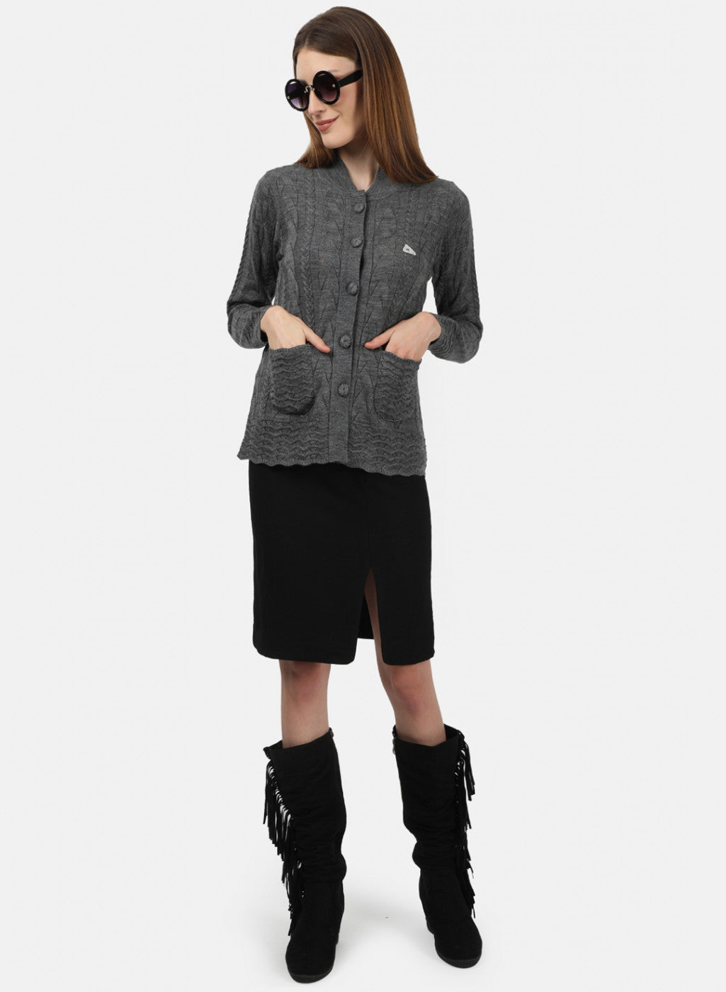 Women Grey Self Design Cardigan