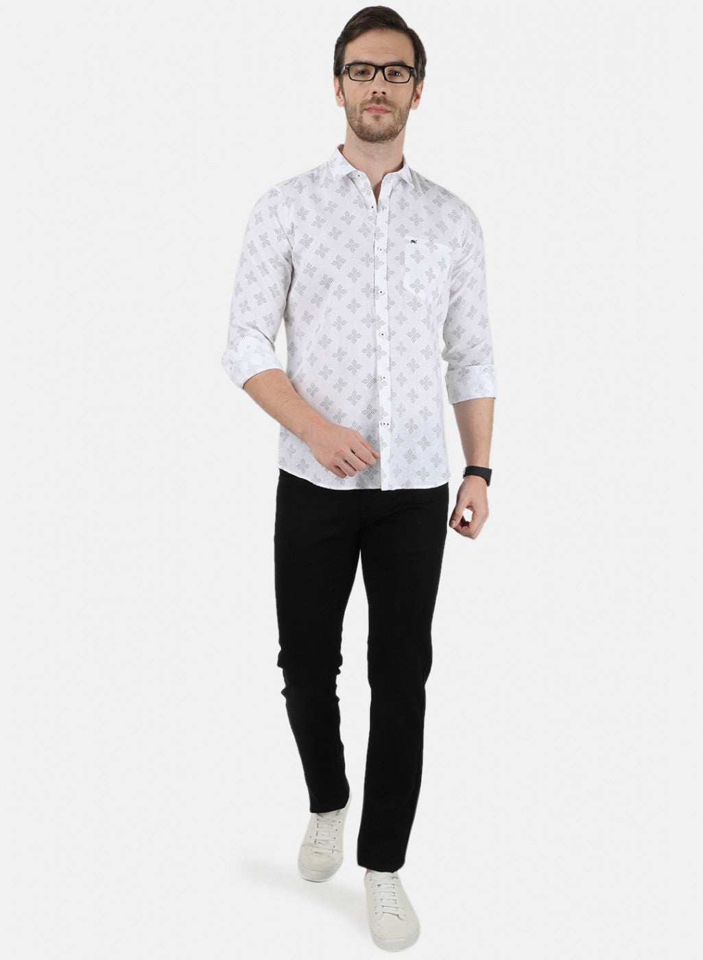 Mens White Printed Linen Shirt