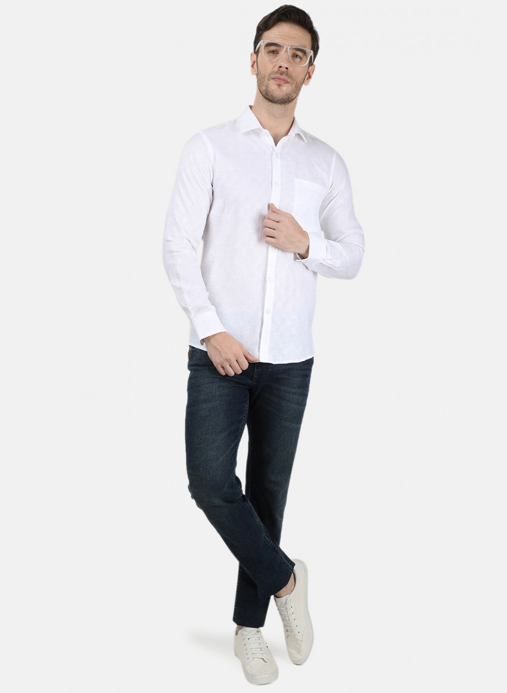 Mens White Self Linen Shirt