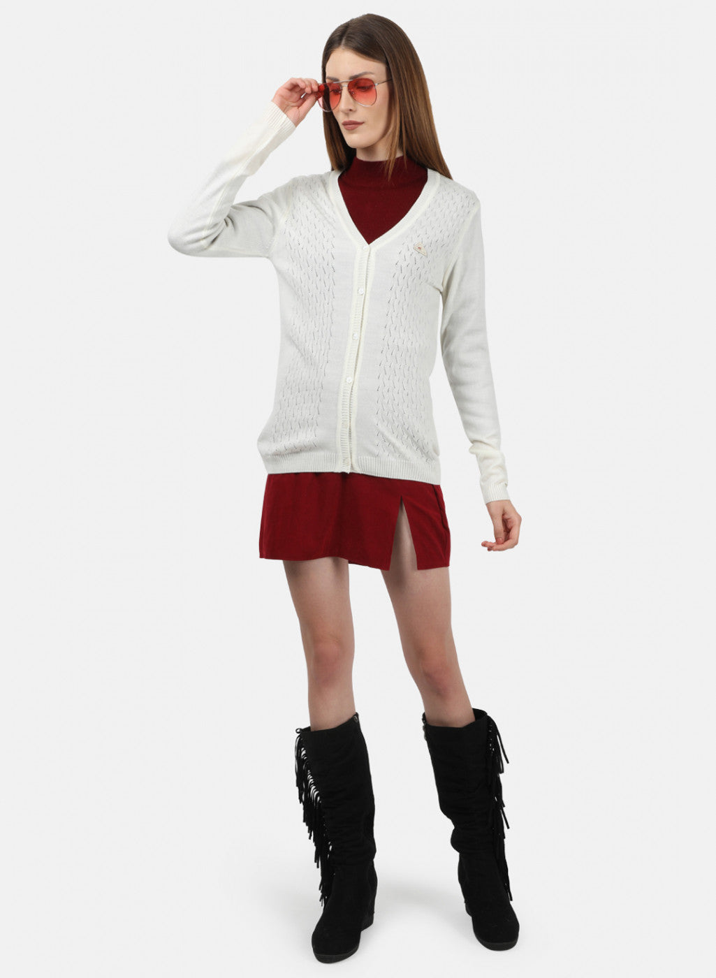 Women White Self Design Cardigan