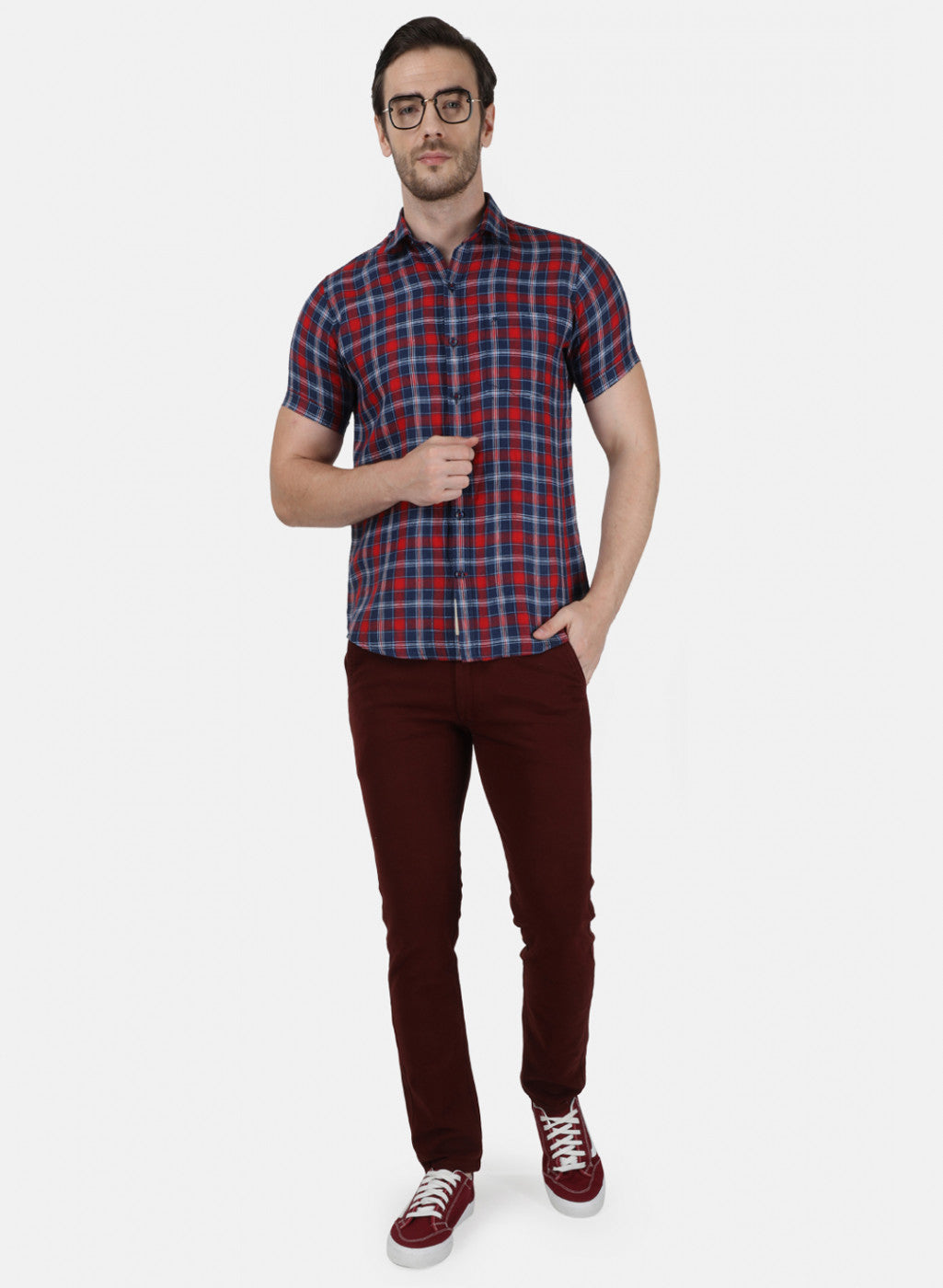 Mens Maroon Check Linen Shirt