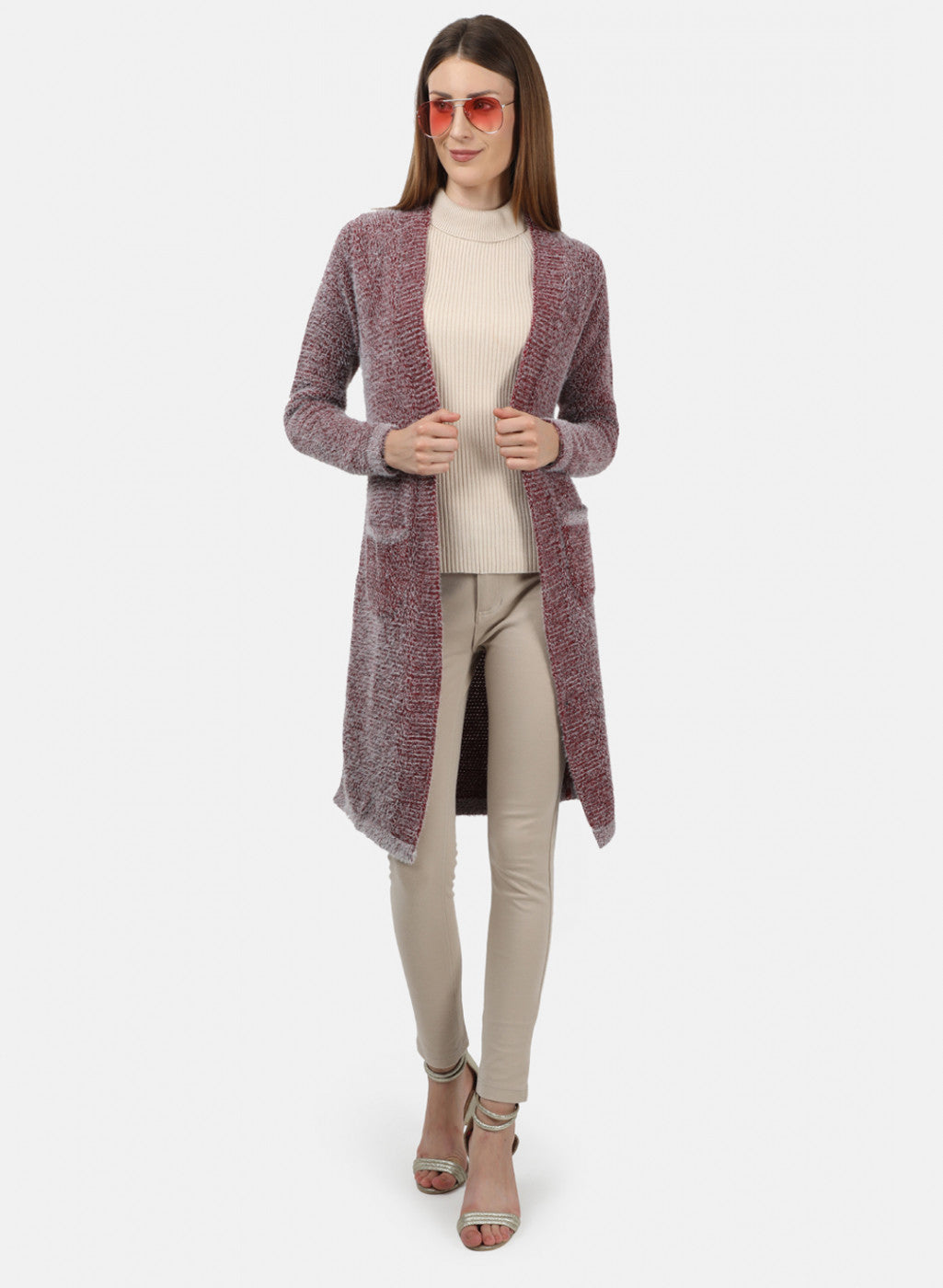 Women Maroon Solid Cardigan