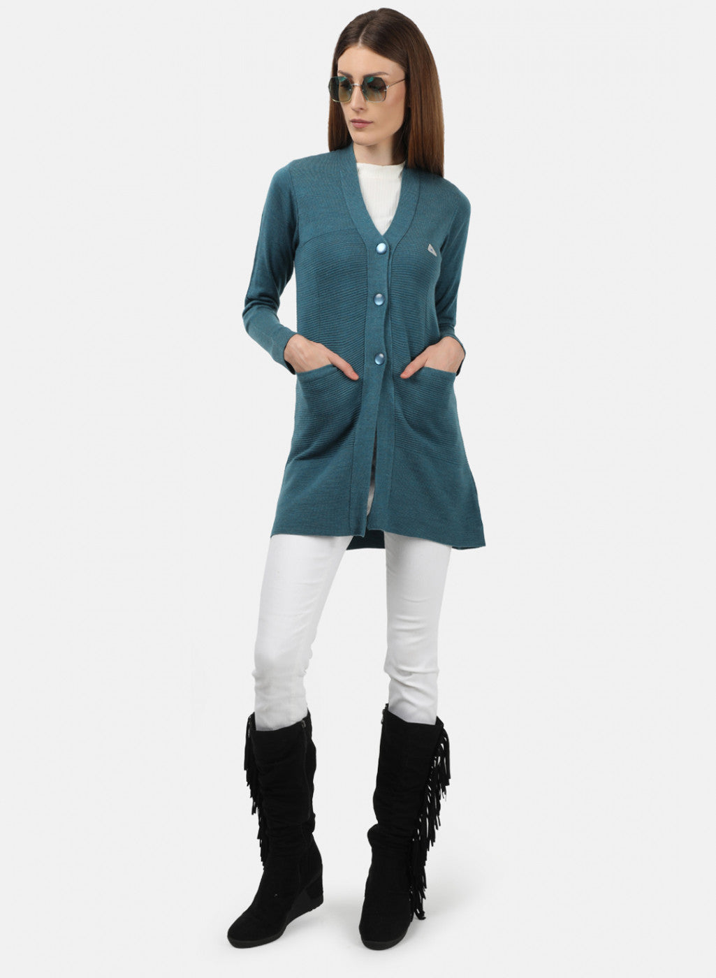 Women Blue Self Design Cardigan