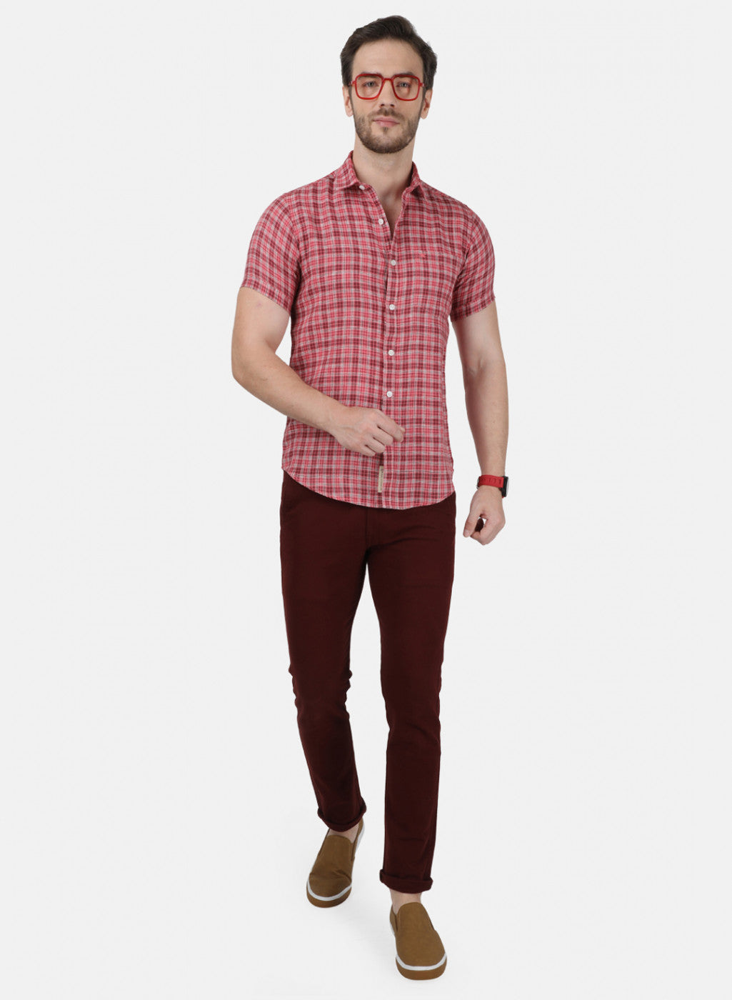 Mens Orange Check Linen Shirt