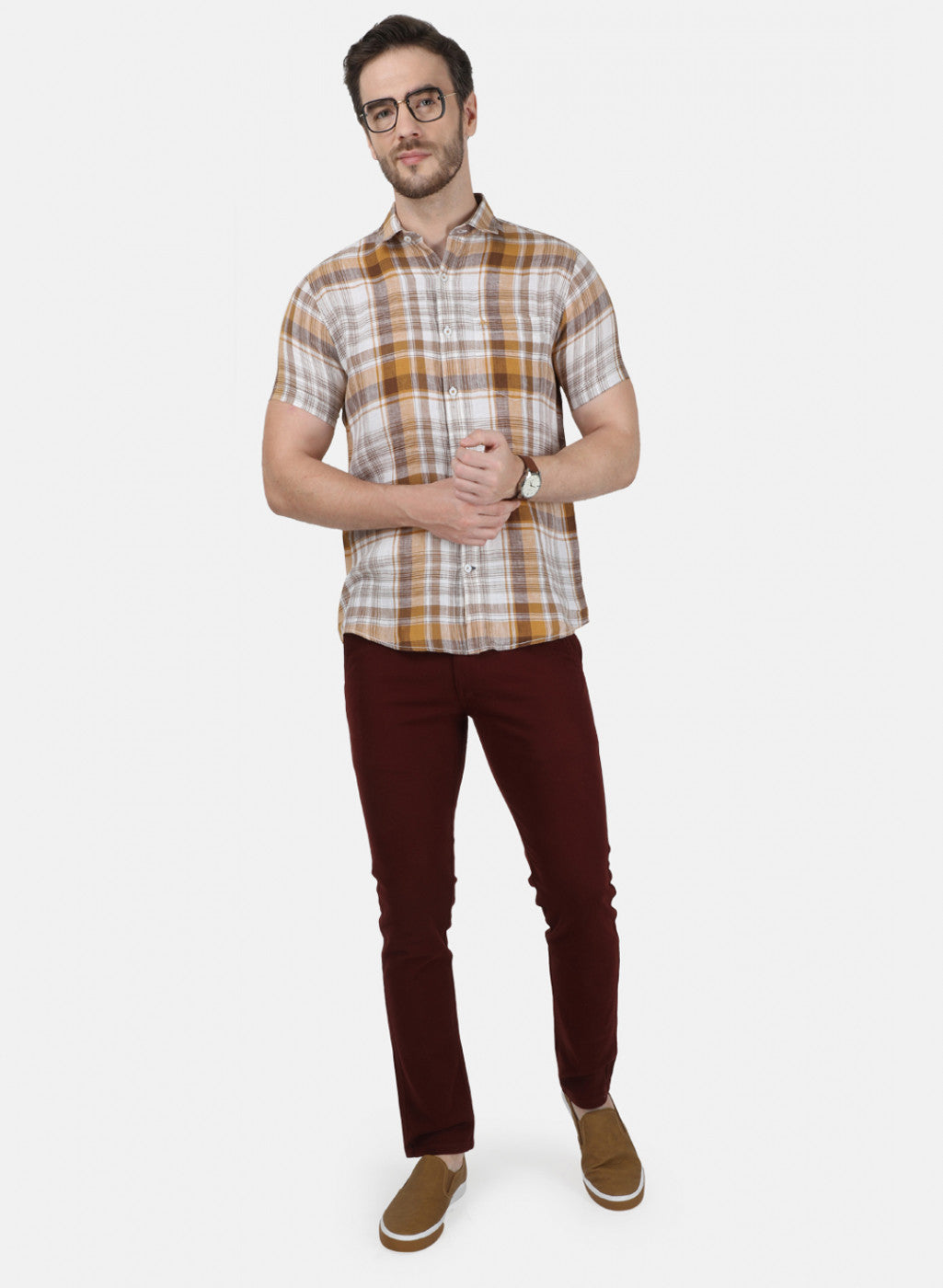 Mens Brown Check Linen Shirt