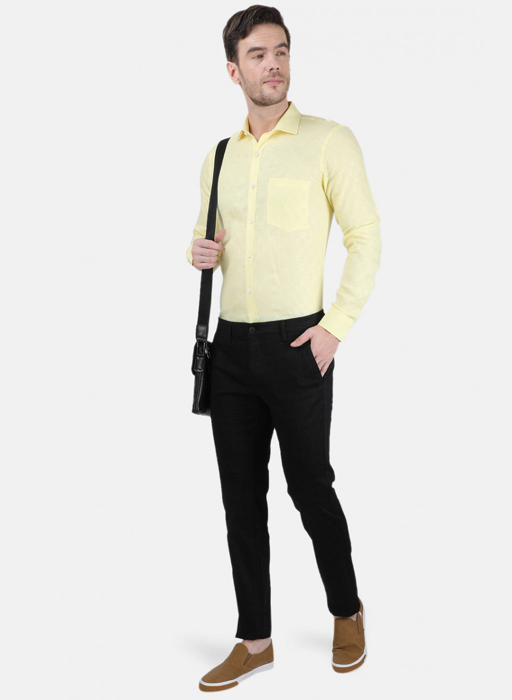 Mens Yellow Self Linen Shirt