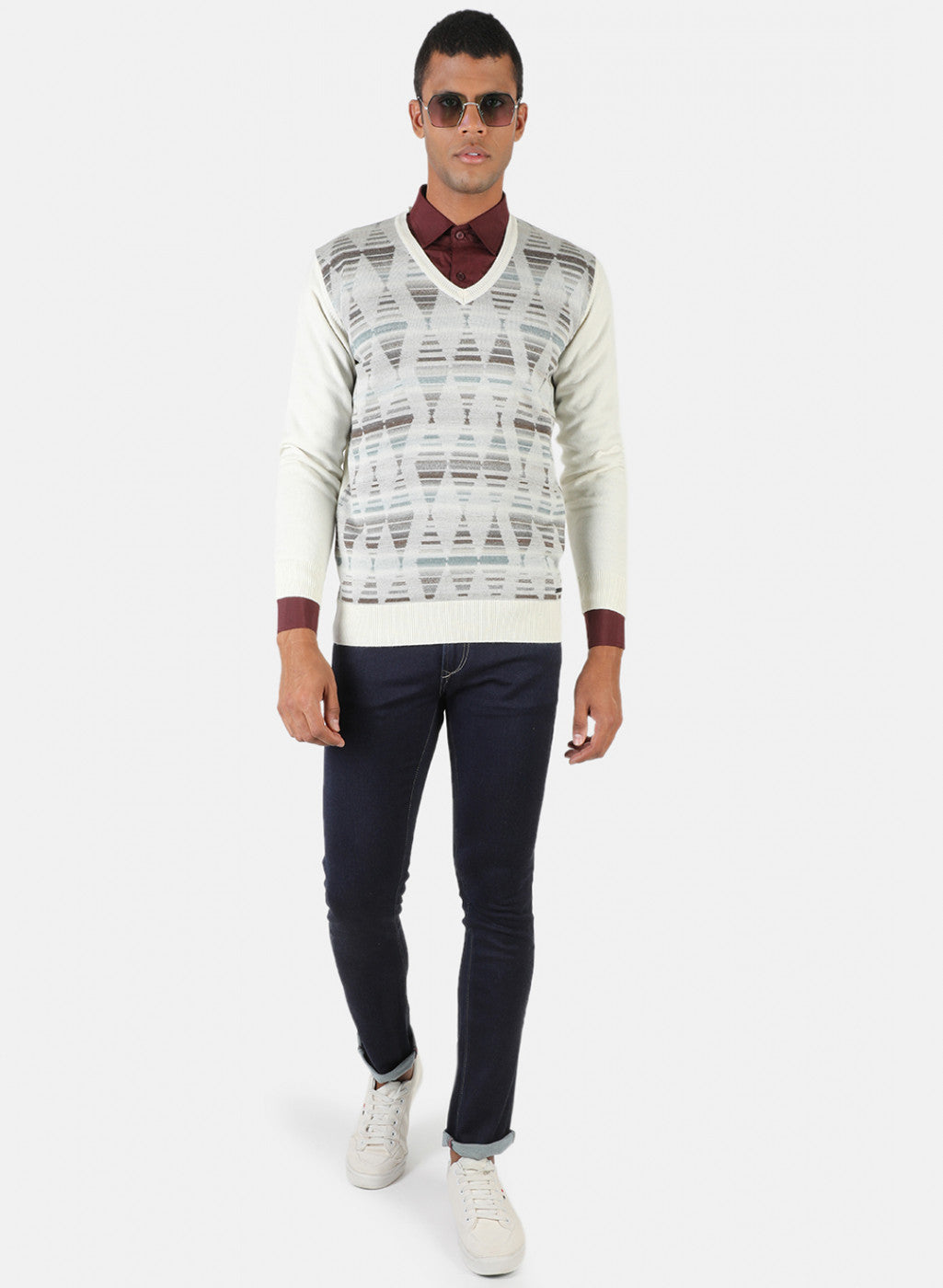 Men Off White Solid Pullover