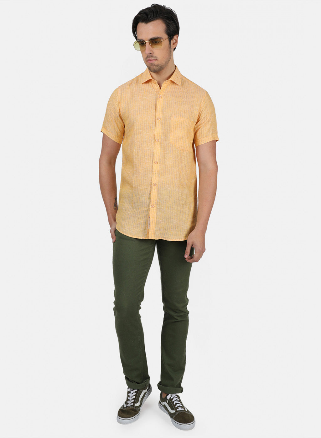Men Yellow Stripe Linen Shirt