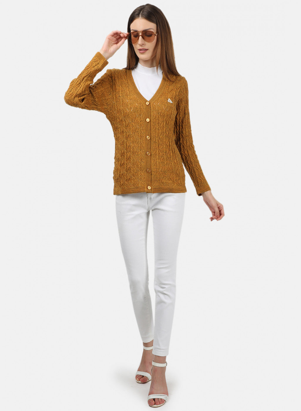 Women Yellow Self Design Cardigan