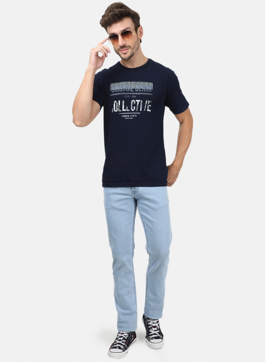 Men Blue Self T-Shirts