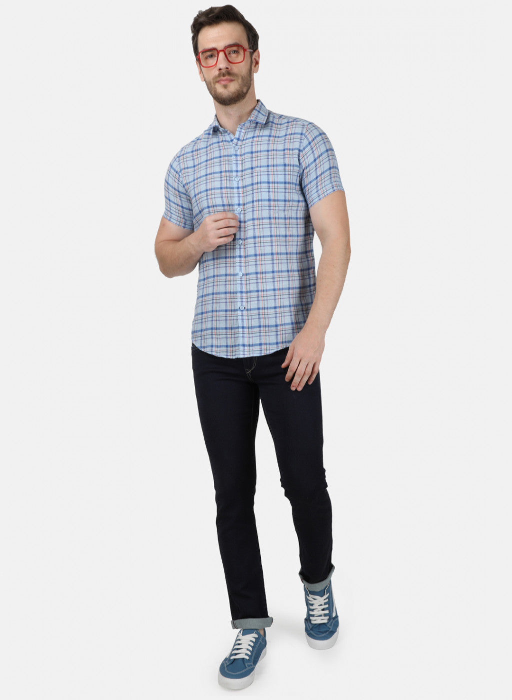 Mens Sky Blue Check Linen Shirt