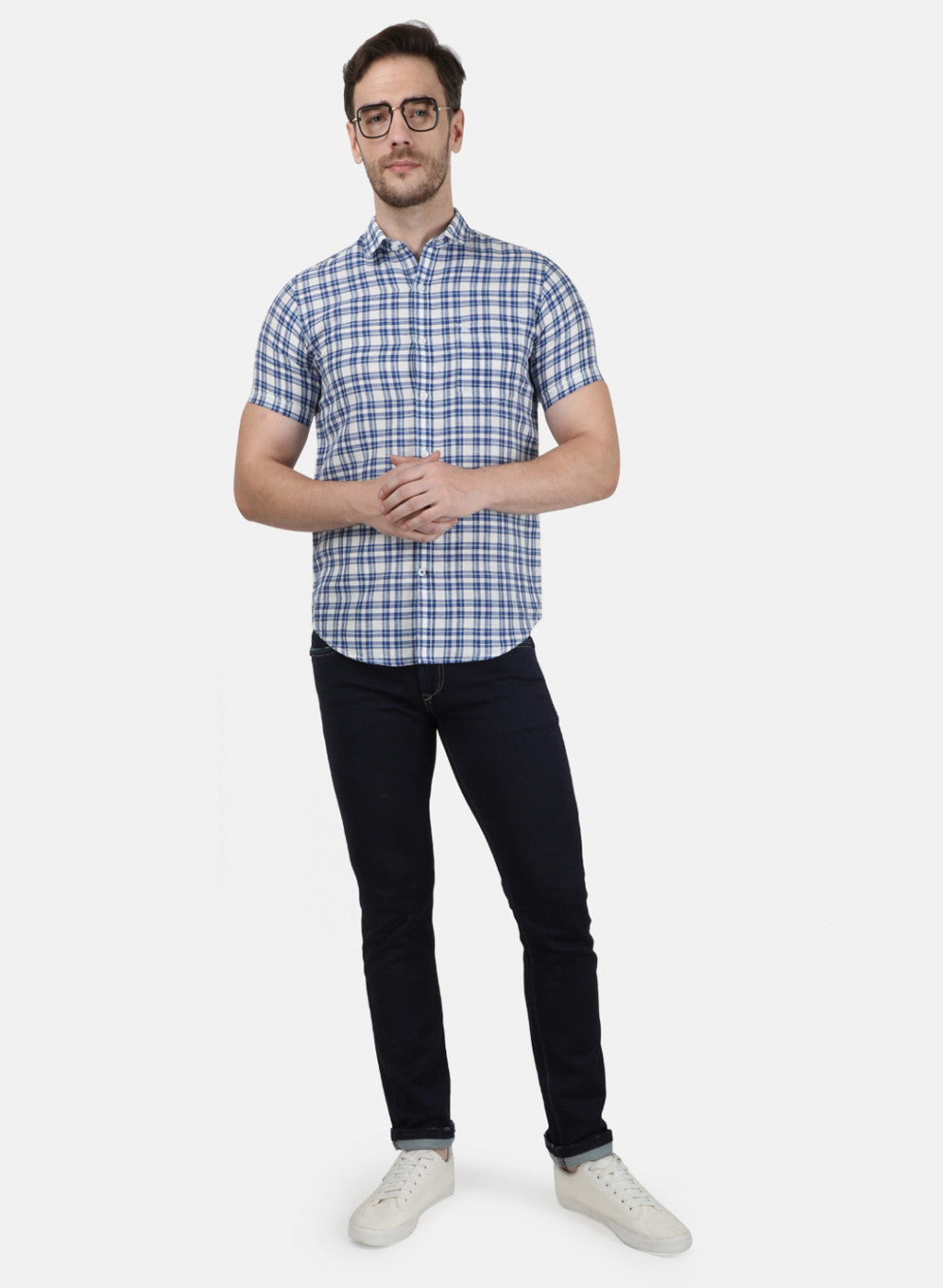 Mens Blue Check Linen Shirt