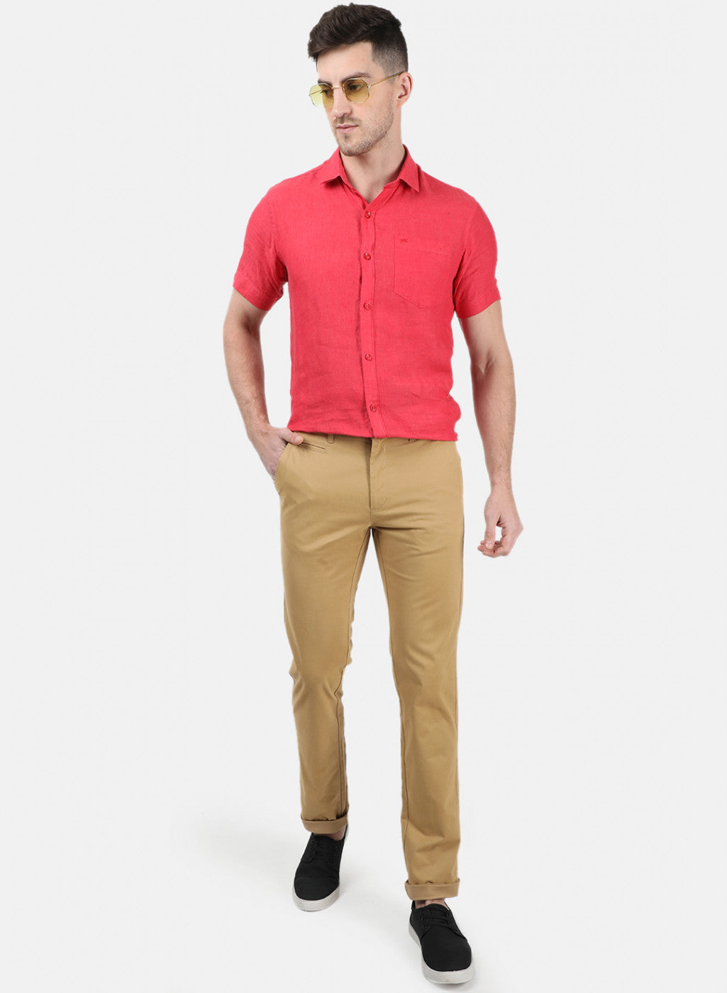 Men Mustard Plain Trousers