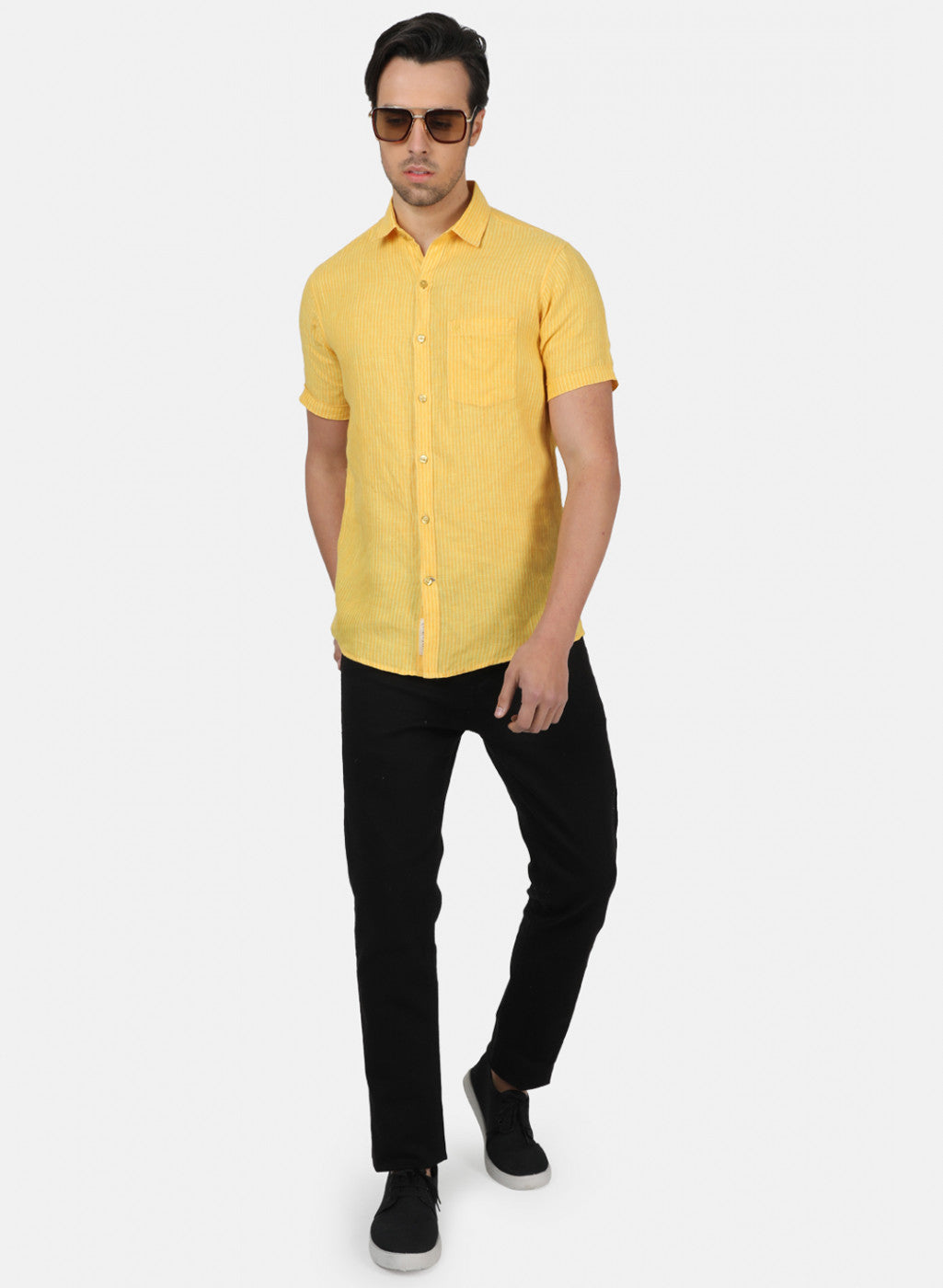 Men Yellow Stripe Linen Shirt