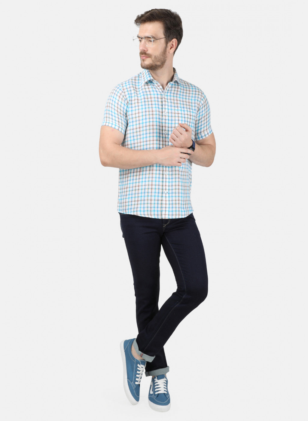 Mens Blue Check Linen Shirt